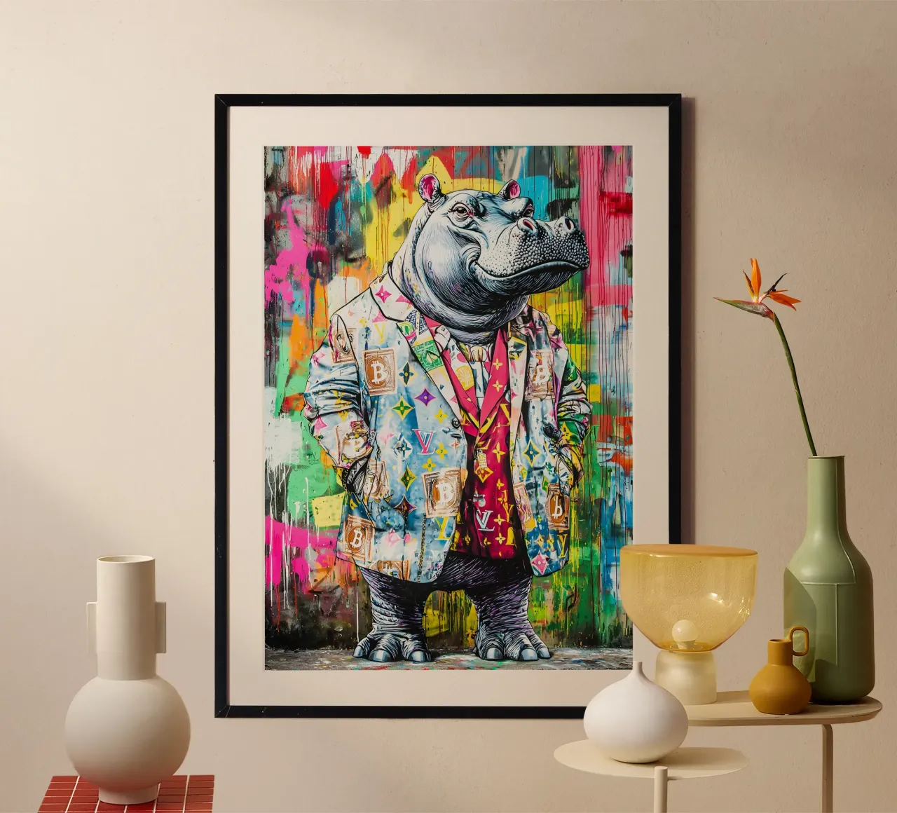 Pop art A hip hop hippo poster con telaio in legno da FreeArtStudio