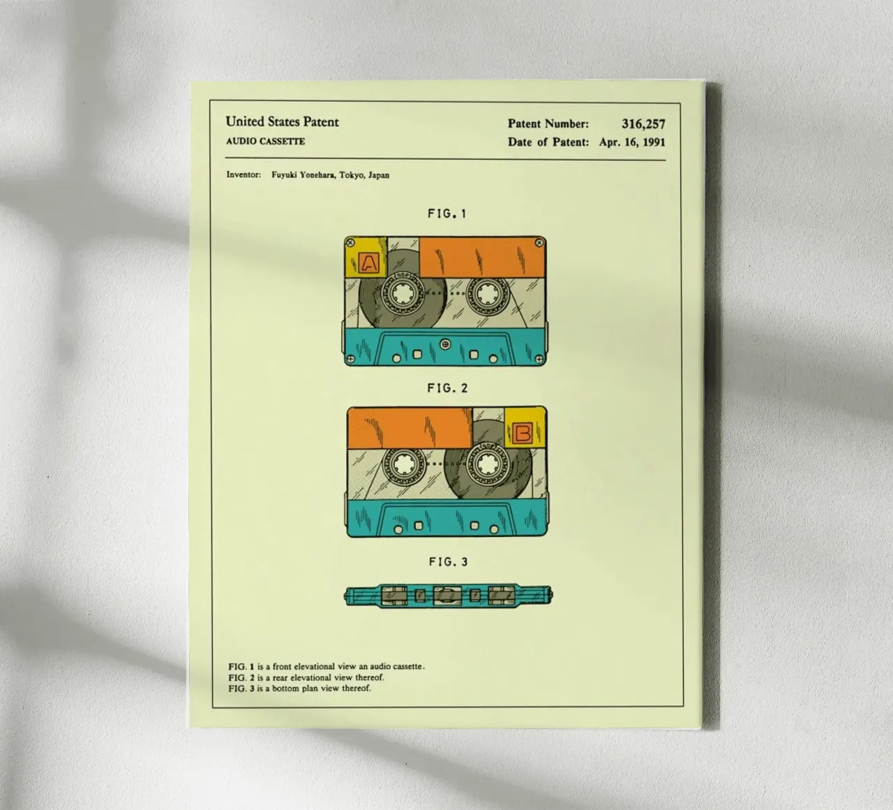 Cassetteband octrooi (1991) canvas met Baklijst van Jazzberry Blue
