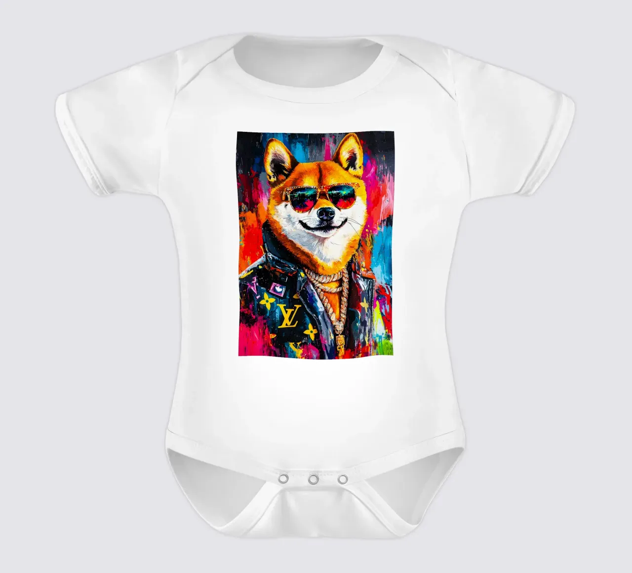 Pop art A hip hop Shiba Inu with meme face of him body neonato maniche corte da FreeArtStudio
