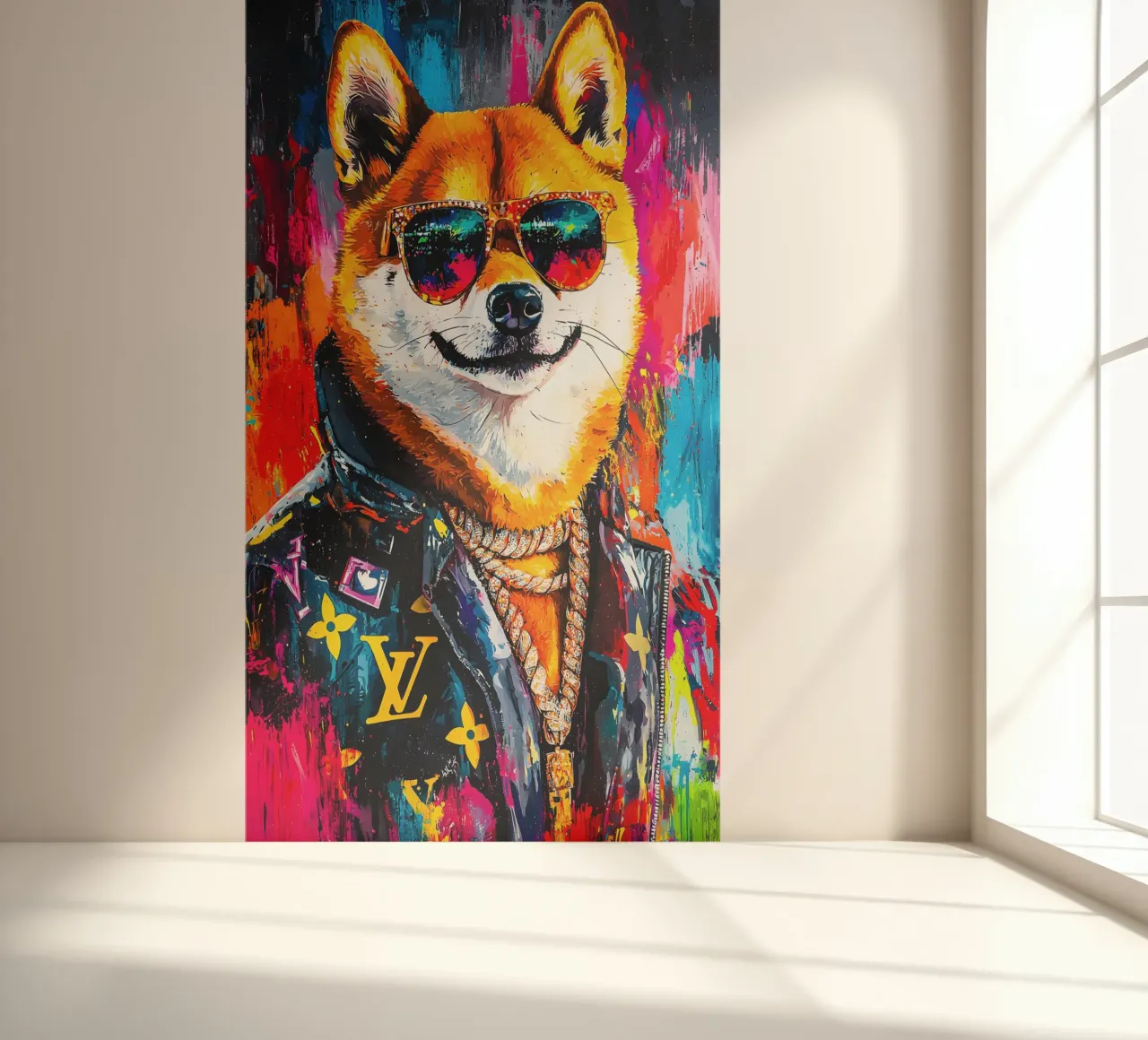 Pop art A hip hop Shiba Inu with meme face of him photo wallpaper by FreeArtStudio