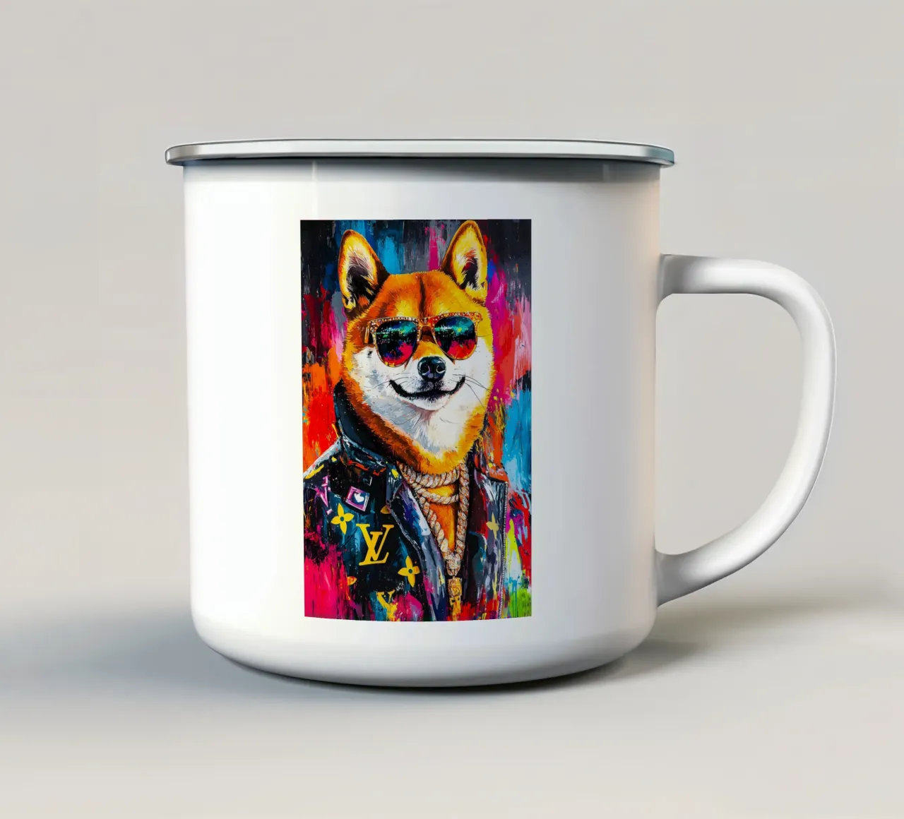Pop art A hip hop Shiba Inu with meme face of him emaille mok van FreeArtStudio