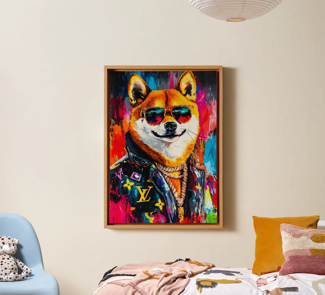 Pop art A hip hop Shiba Inu with meme face of him tela con Cornice a cassetta da FreeArtStudio