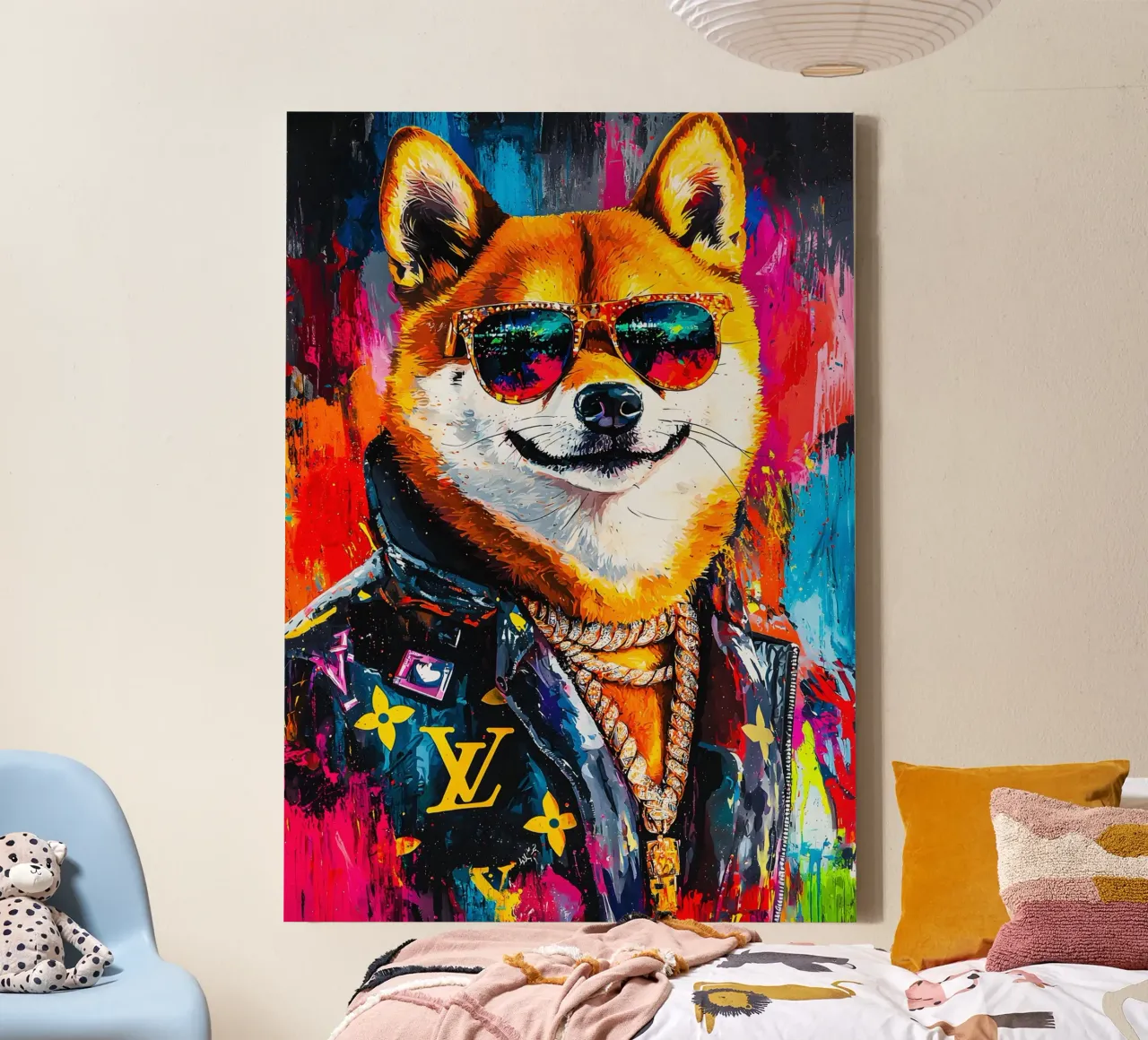 Pop art A hip hop Shiba Inu with meme face of him tela con Cornice a cassetta da FreeArtStudio