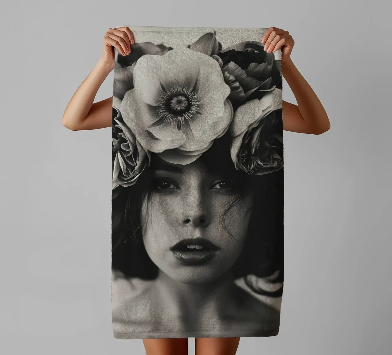 Donna con fiori tra i capelli asciugamano da bagno da Imagine