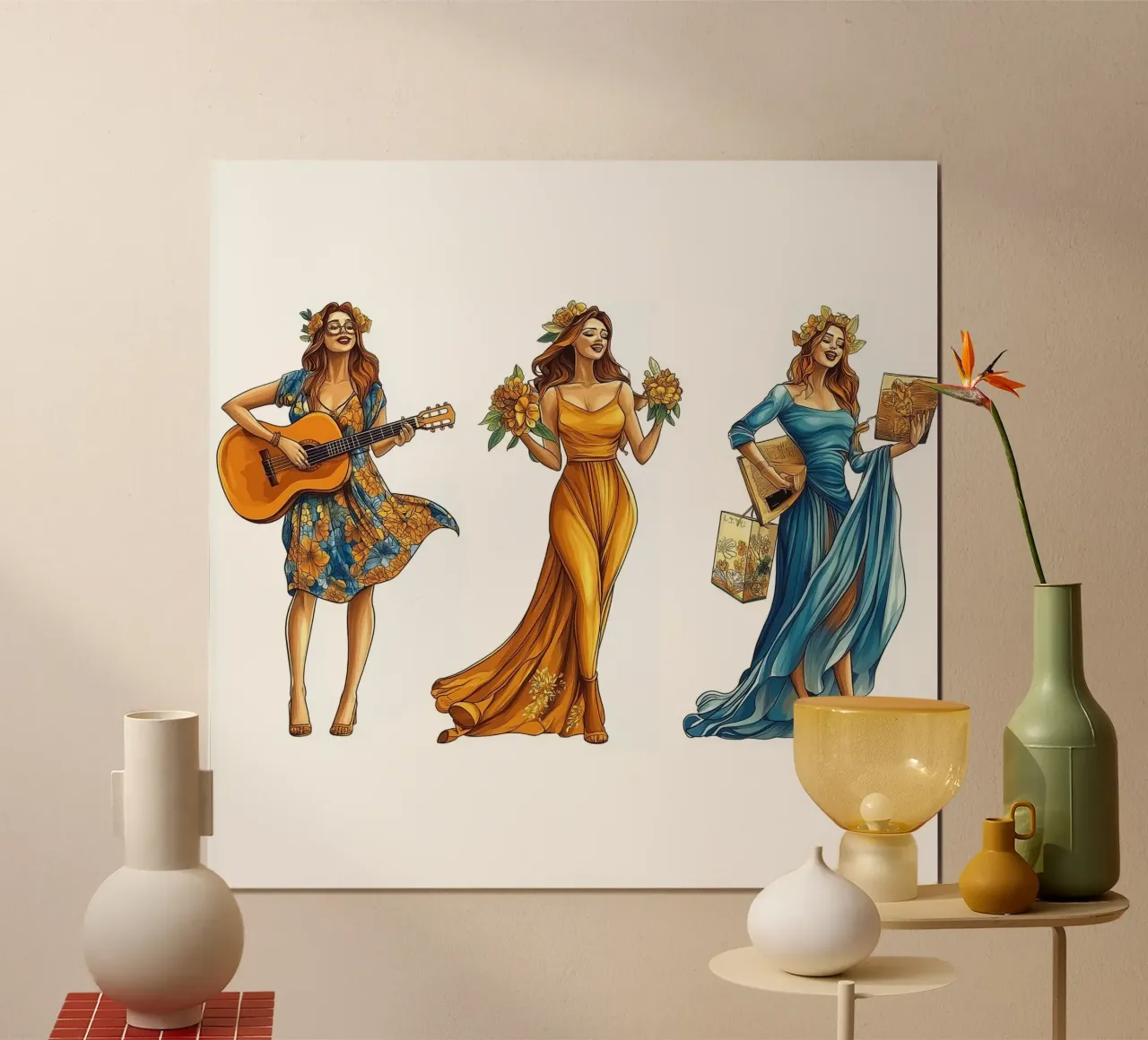 Una ragazza, personaggi diversi poster con telaio in legno da Motivate-Today