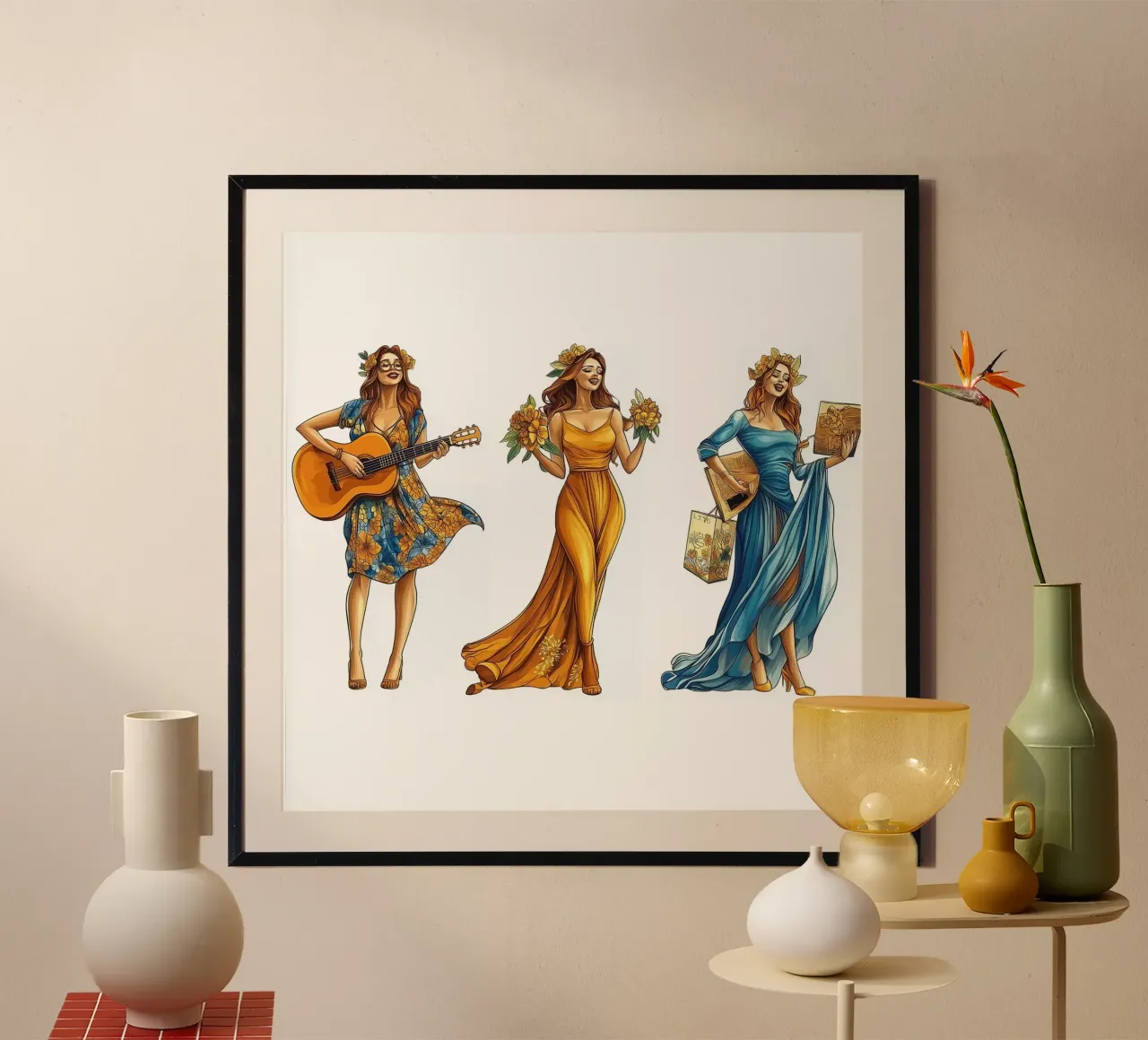 Una ragazza, personaggi diversi poster con telaio in legno da Motivate-Today