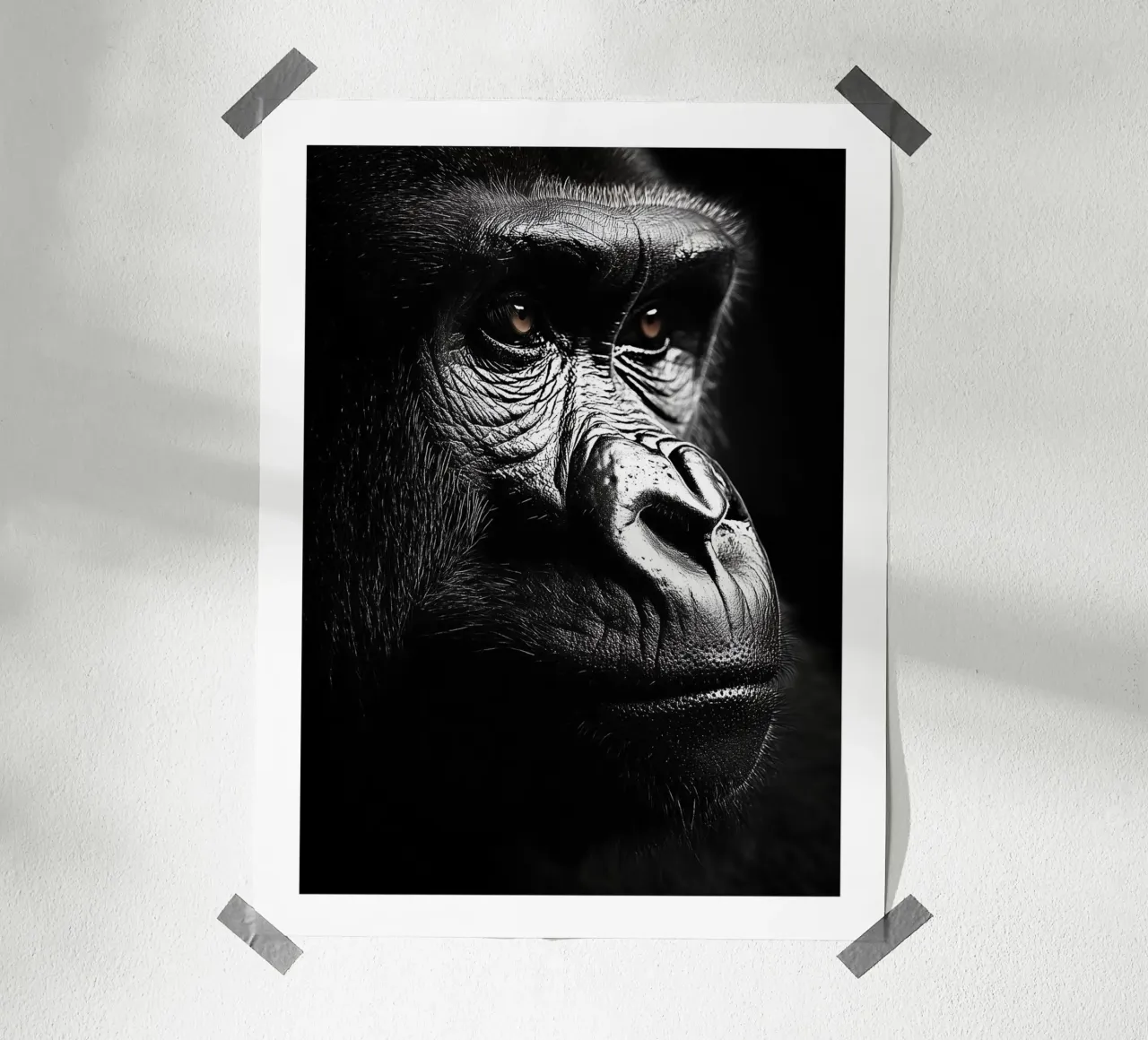 Ritratto riflessivo di un gorilla poster con telaio in legno da Monochrome