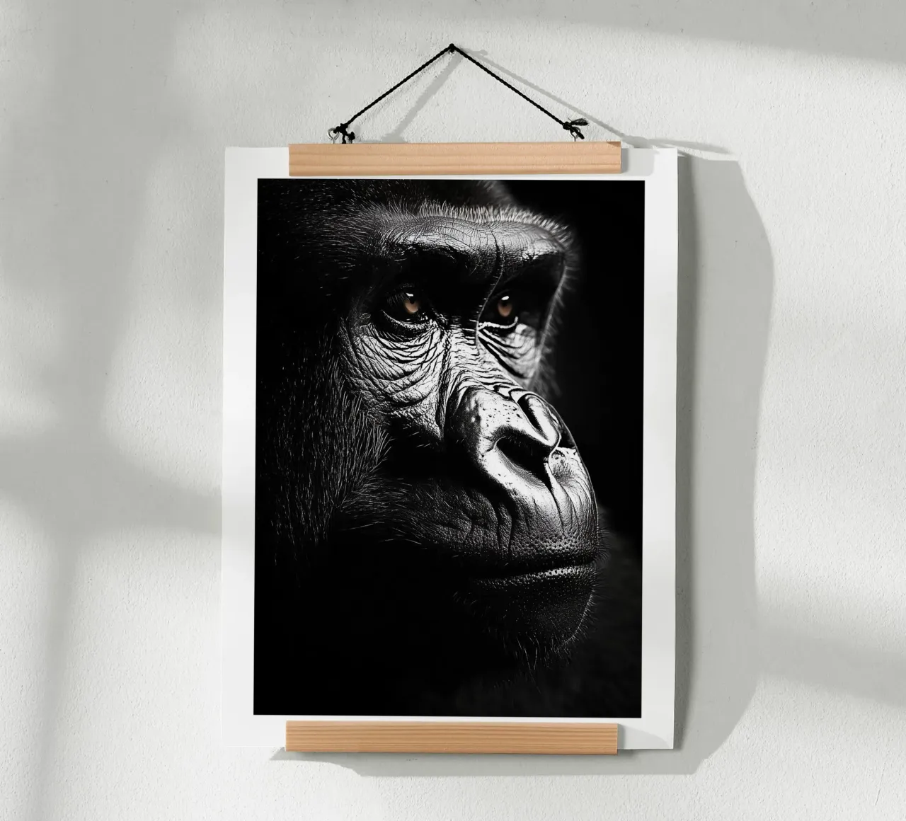 Ritratto riflessivo di un gorilla poster con telaio in legno da Monochrome