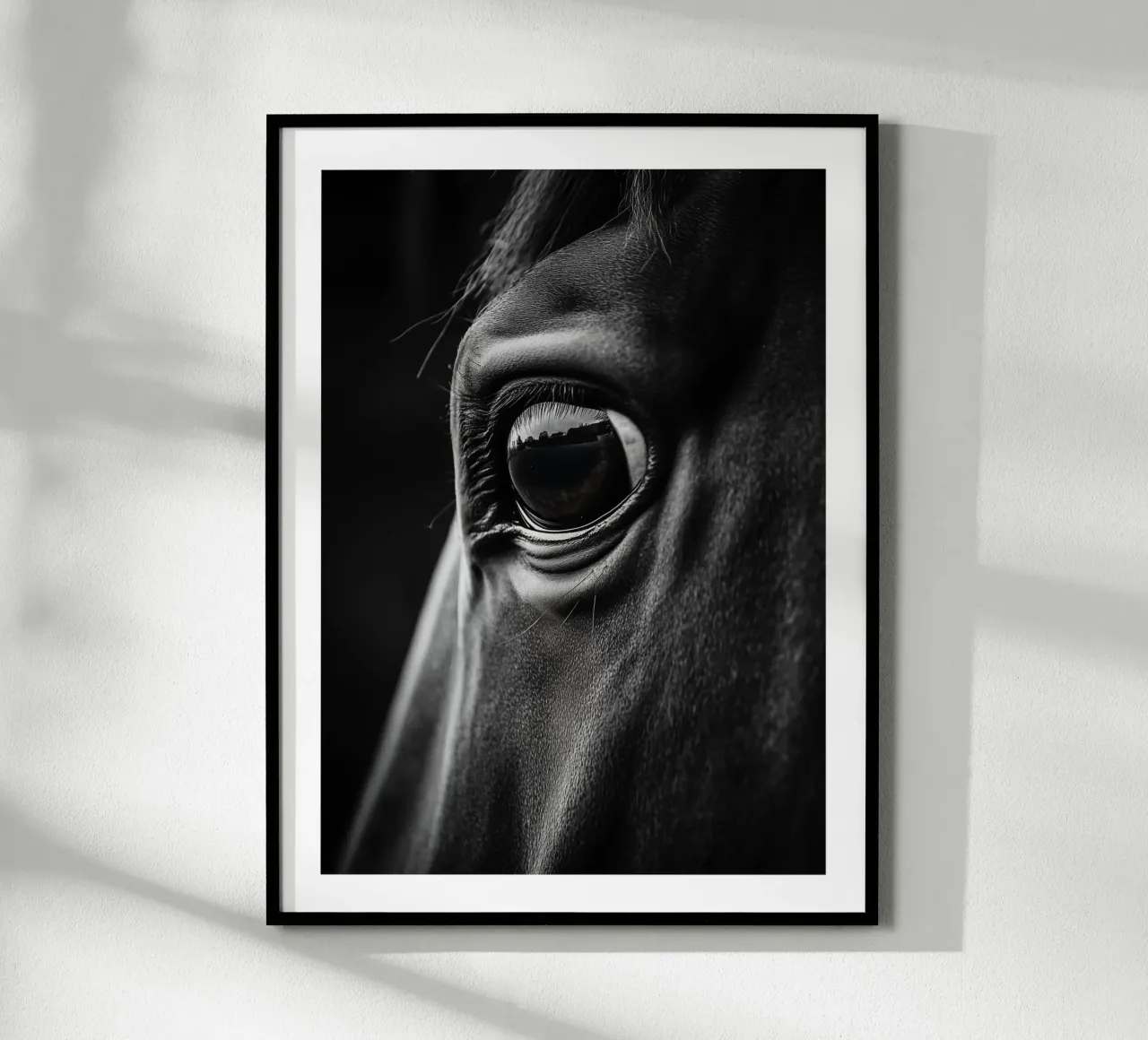 Primer plano del ojo cautivador de un caballo poster con marco de madera de Monochrome