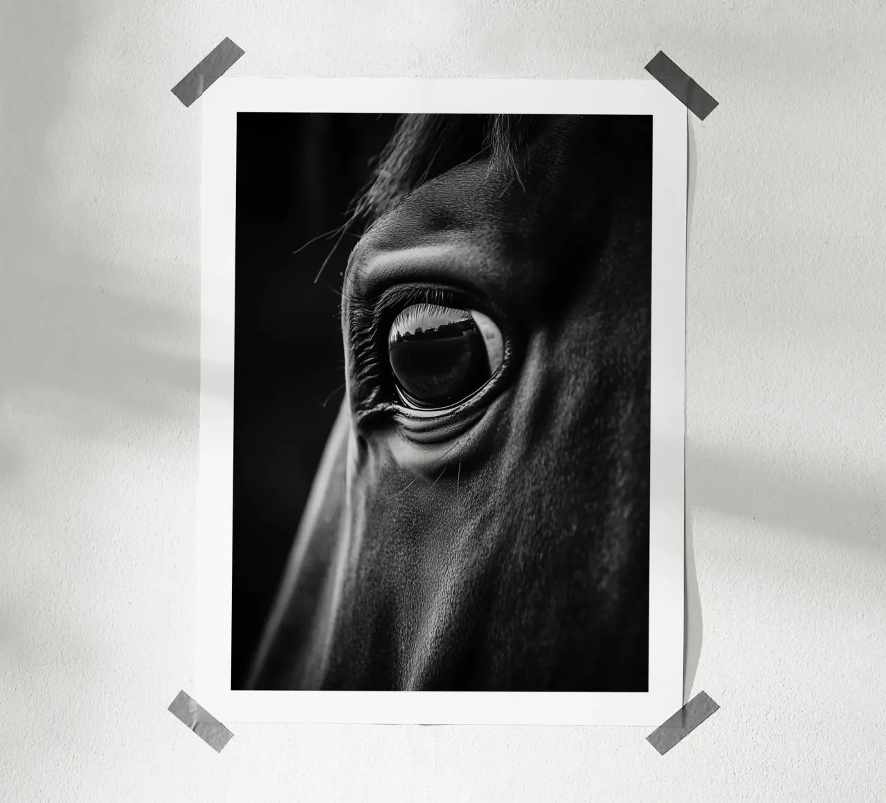 Primer plano del ojo cautivador de un caballo poster con marco de madera de Monochrome