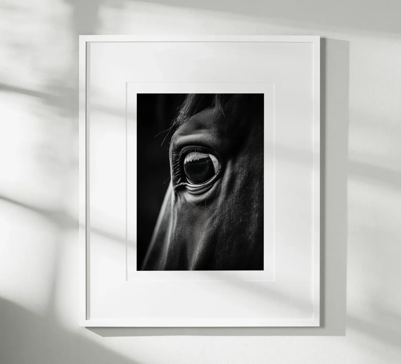 Primer plano del ojo cautivador de un caballo poster con marco de madera de Monochrome