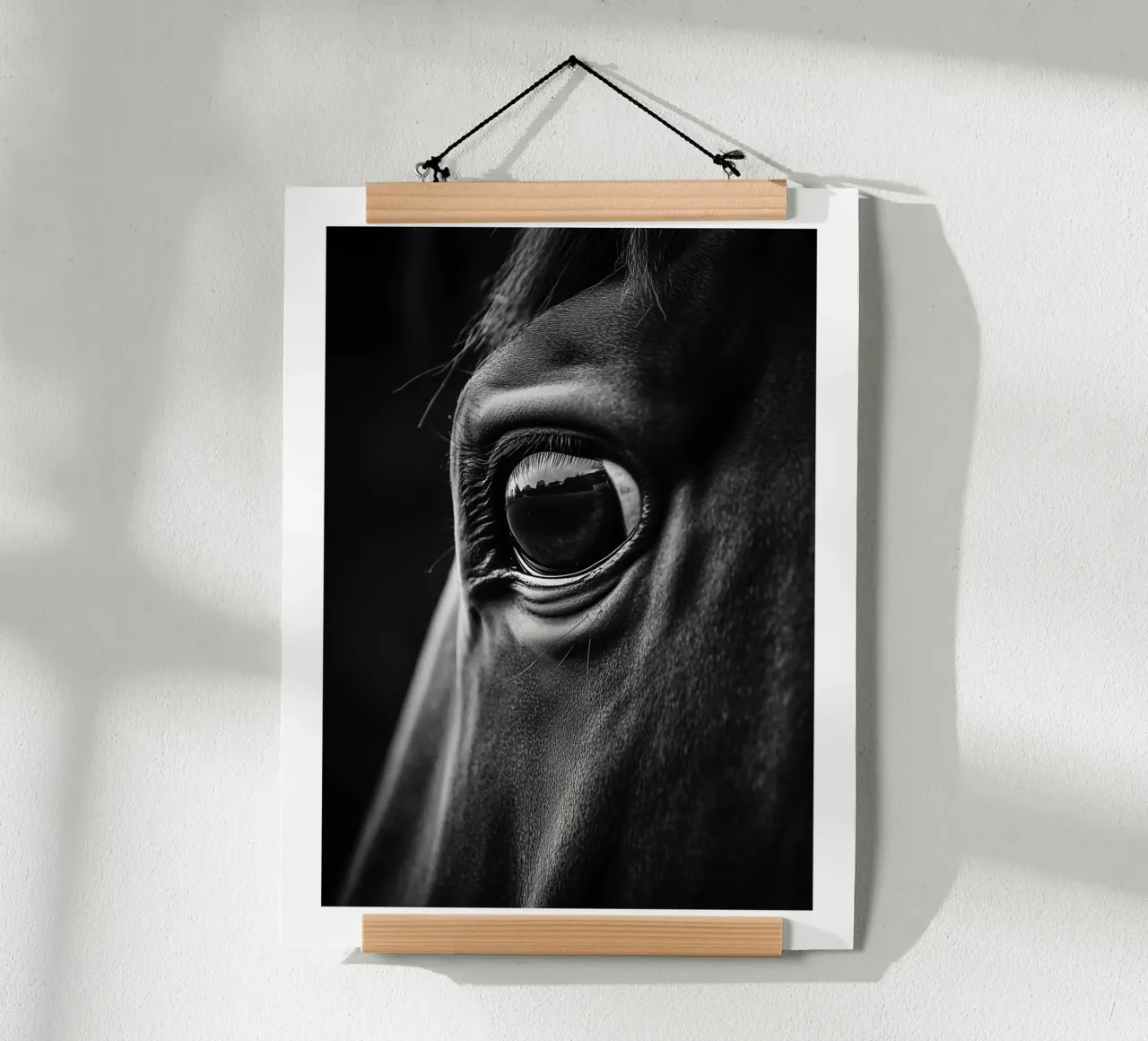 Primer plano del ojo cautivador de un caballo poster con marco de madera de Monochrome