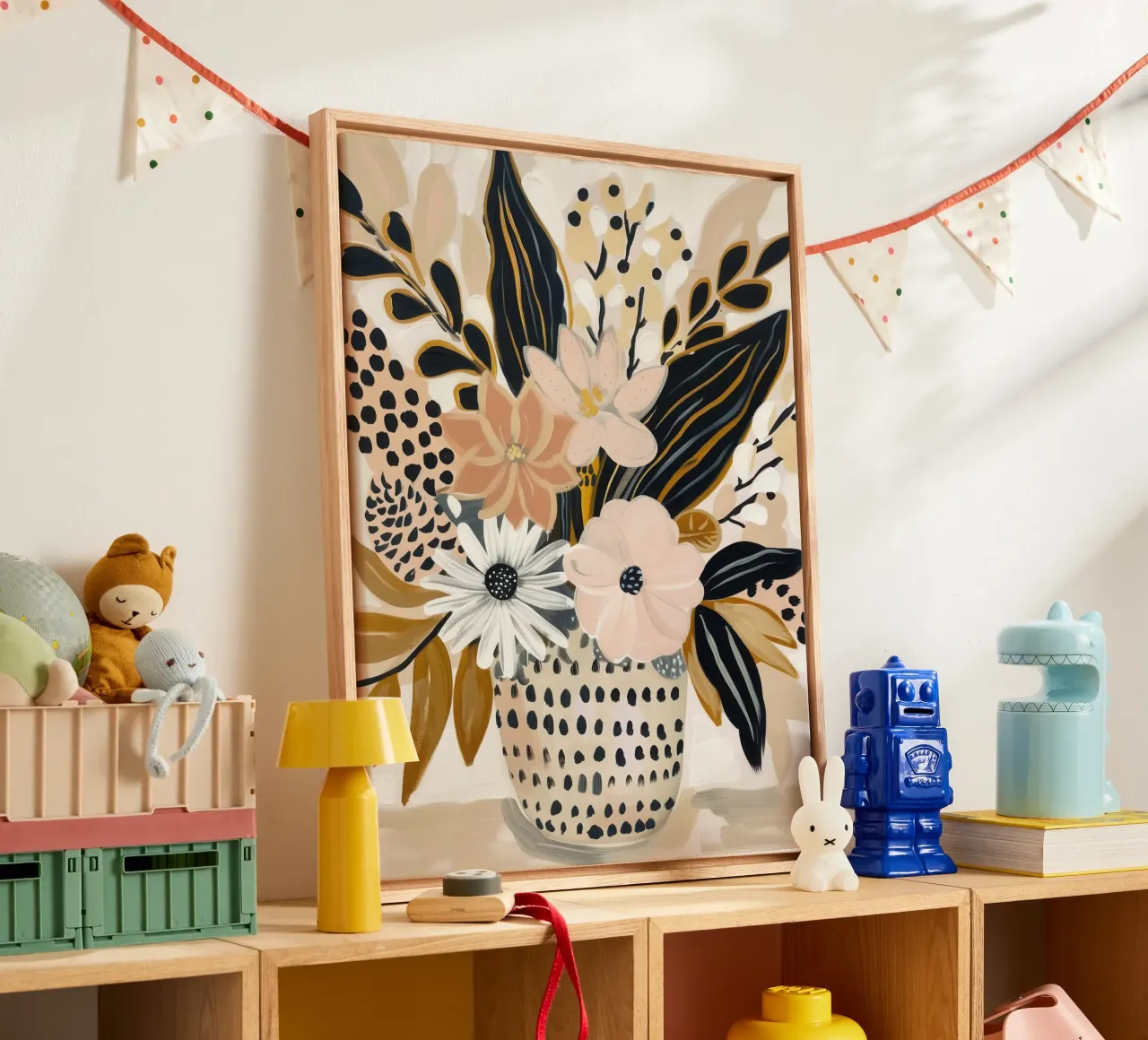 Weelderig stilleven in schemerig roze en goud | Canvas schilderij canvas met Baklijst van Autofocus