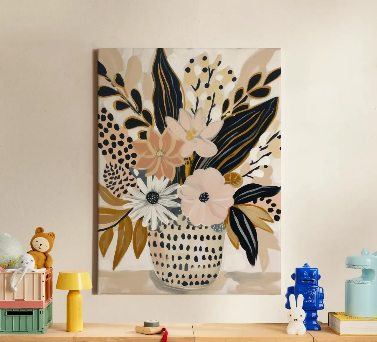 Weelderig stilleven in schemerig roze en goud | Canvas schilderij canvas met Baklijst van Autofocus