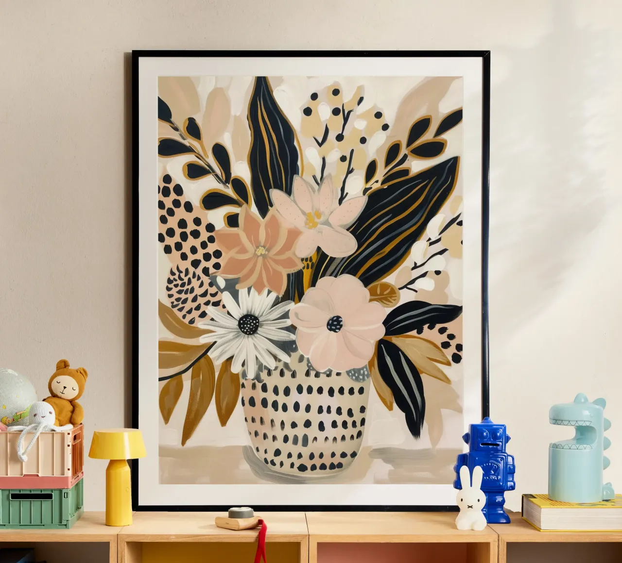 Weelderig stilleven in schemerig roze en goud | Canvas schilderij poster van Autofocus