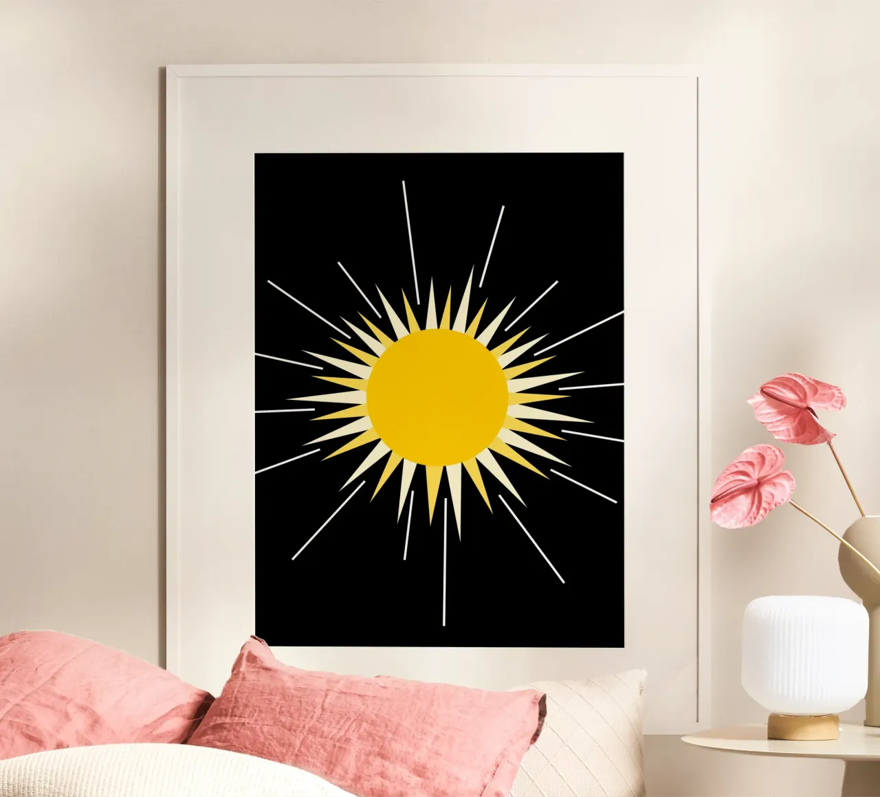 Yellow shinning sun poster con telaio in plastica da baobabprintstore