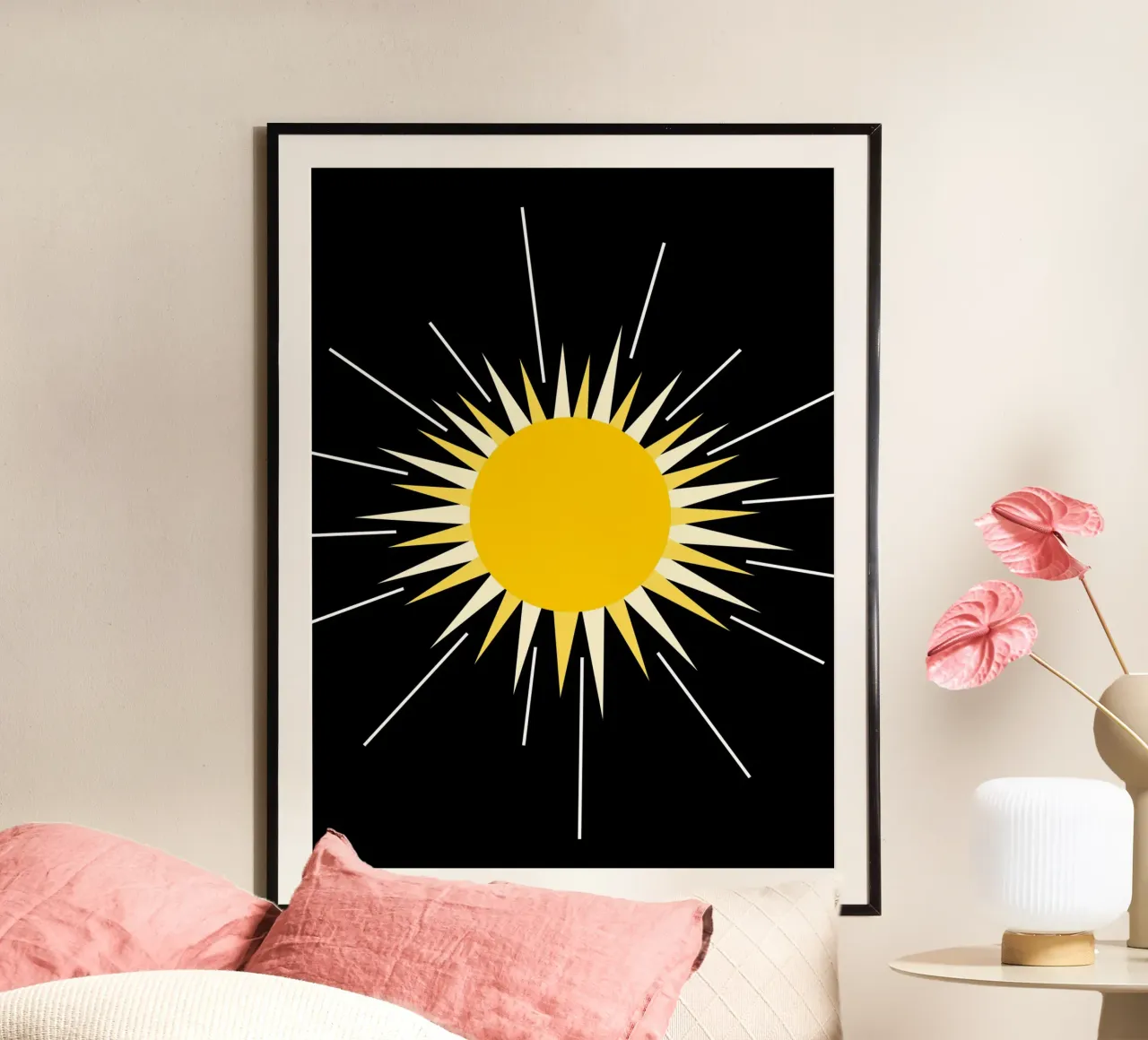 Yellow shinning sun poster con telaio in plastica da baobabprintstore