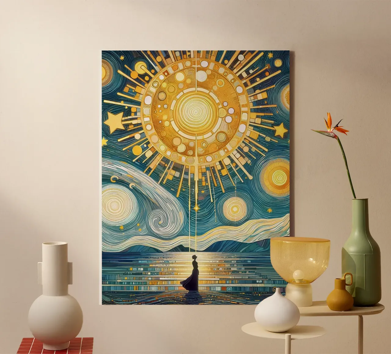 Bajo poderosas estrellas lienzo con Marco flotante de Art-Nouveau-Dsg