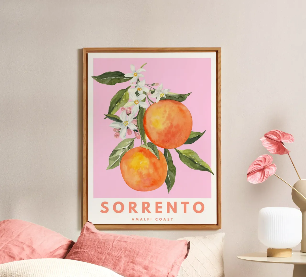 Positano Orange Pink Print, Amalfi Coast Poster forex plate by Bella Studio
