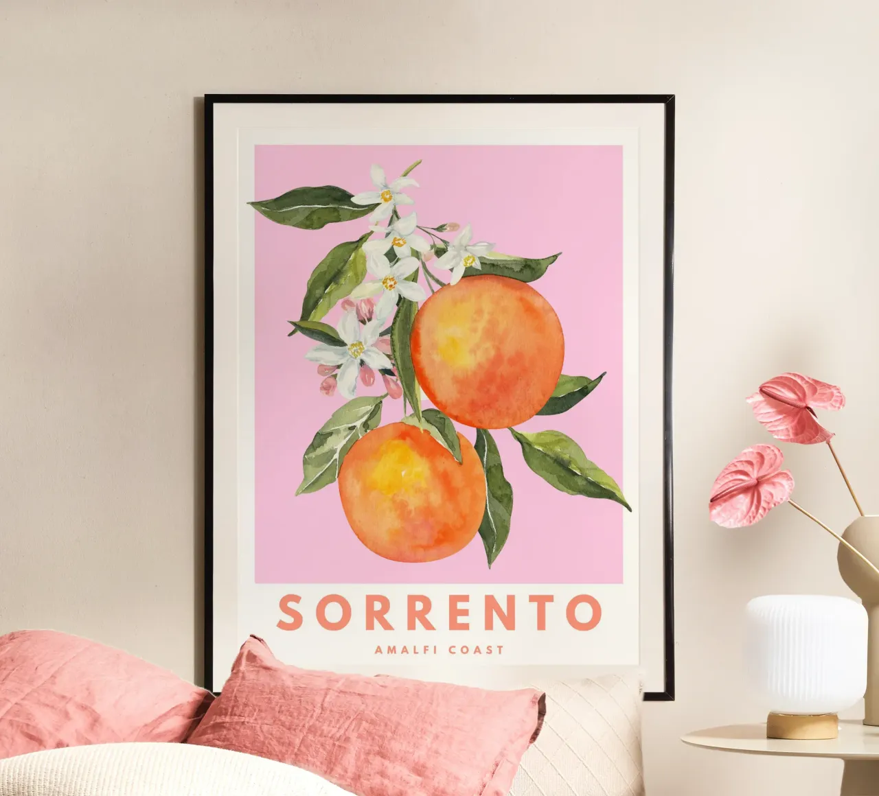 Positano Orange Pink Print, Amalfi Coast Poster poster with wooden frame by Bella Studio