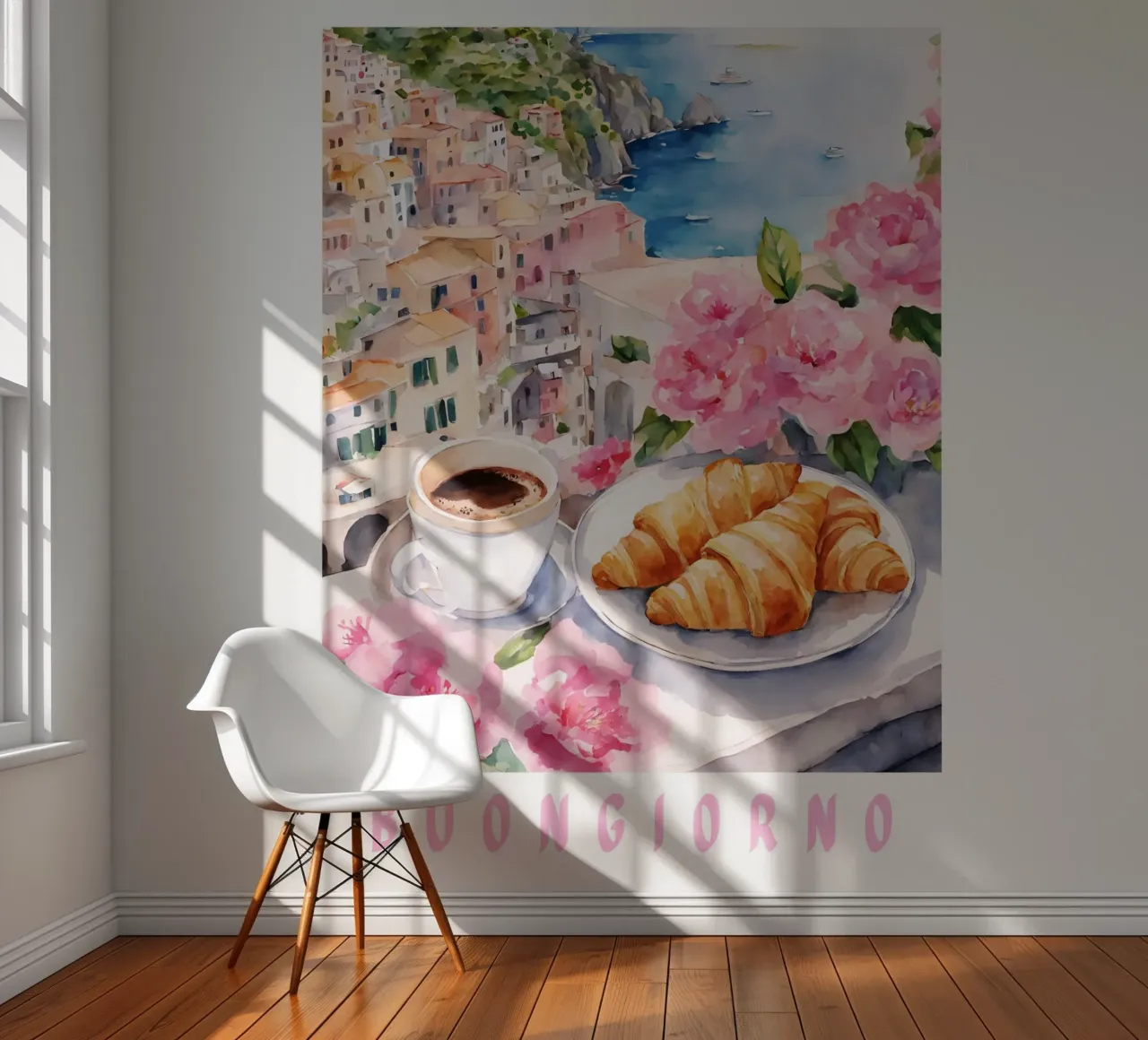 Buongiorno Croissant and Espresso, Breakfast Poster, Brunch photo wallpaper by Bella Studio