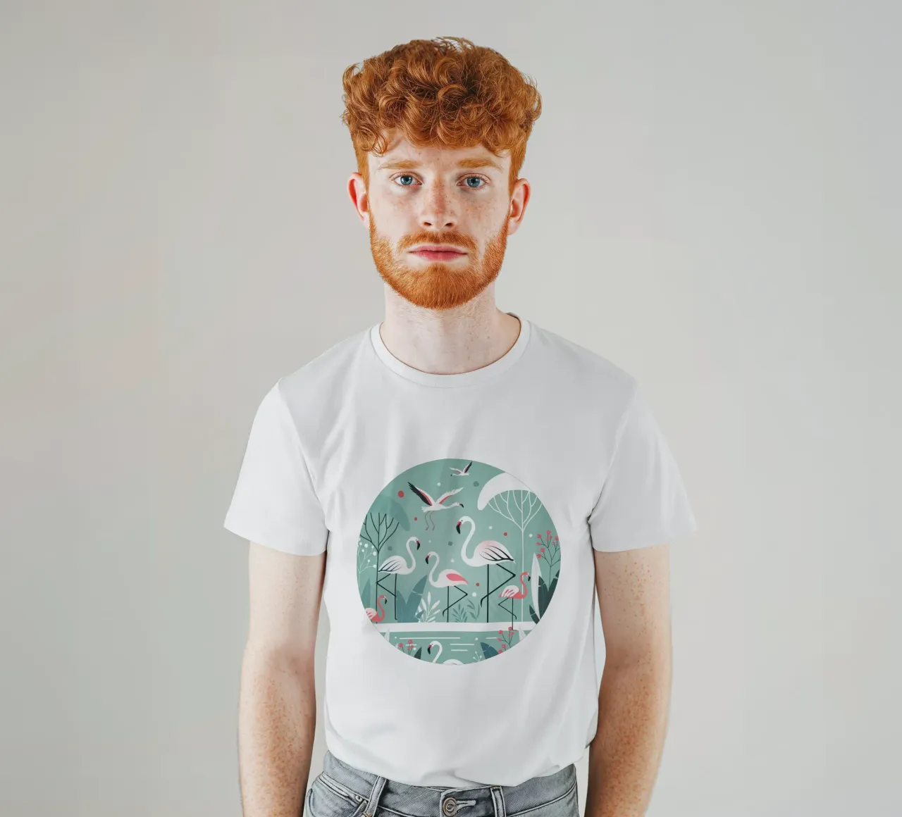 Illustrazione minimalista di un fenicottero in un ambiente tropicale t-shirt da namosh
