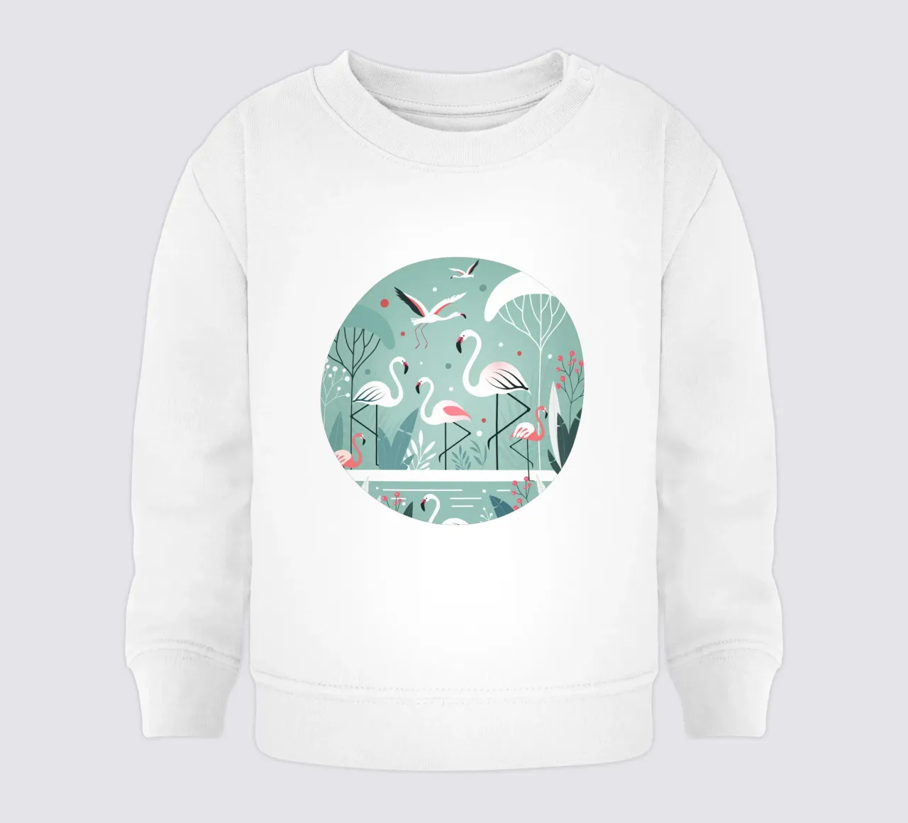 Illustrazione minimalista di un fenicottero in un ambiente tropicale felpa neonato da namosh