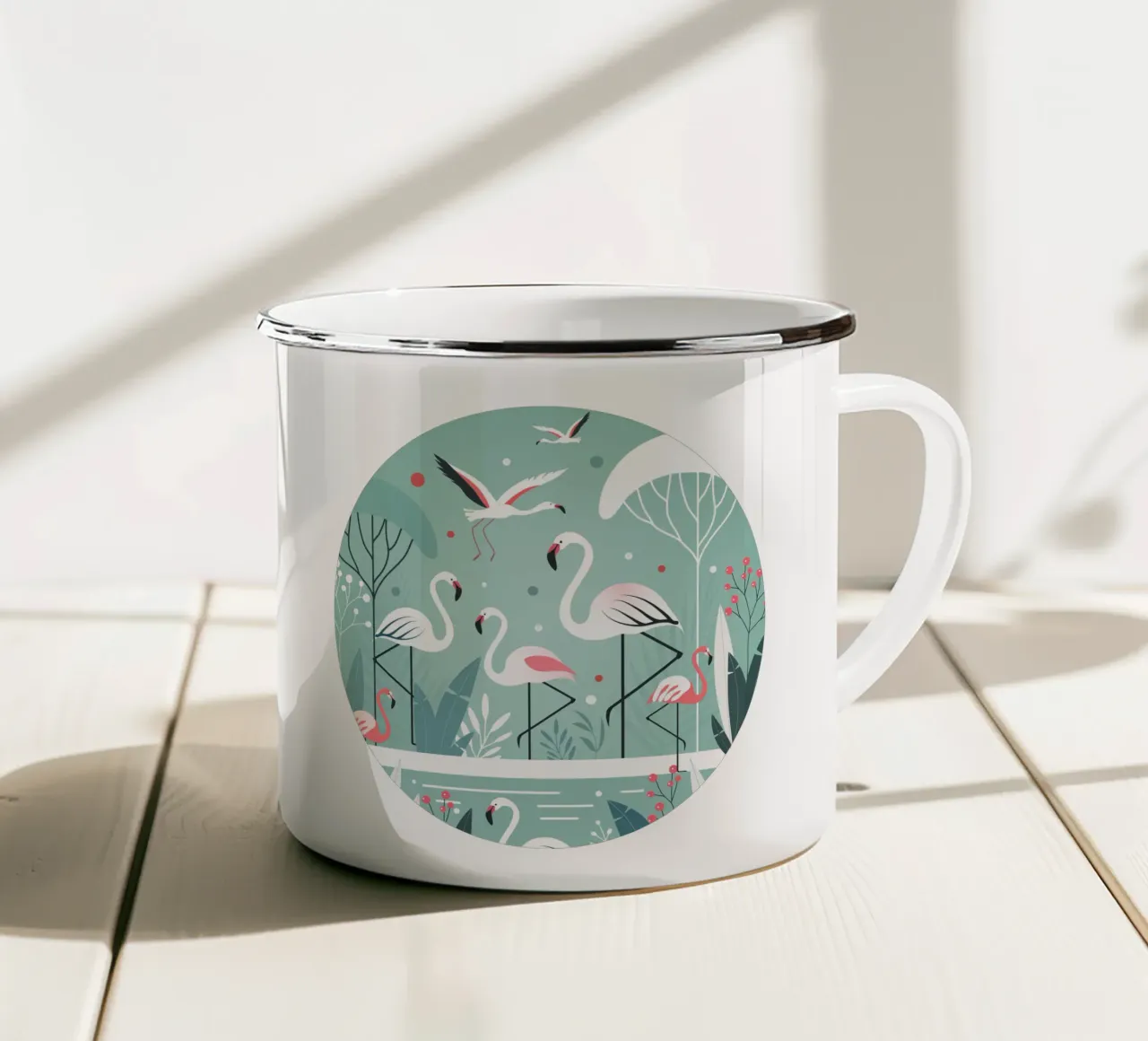 Illustrazione minimalista di un fenicottero in un ambiente tropicale tazza in smalto da namosh