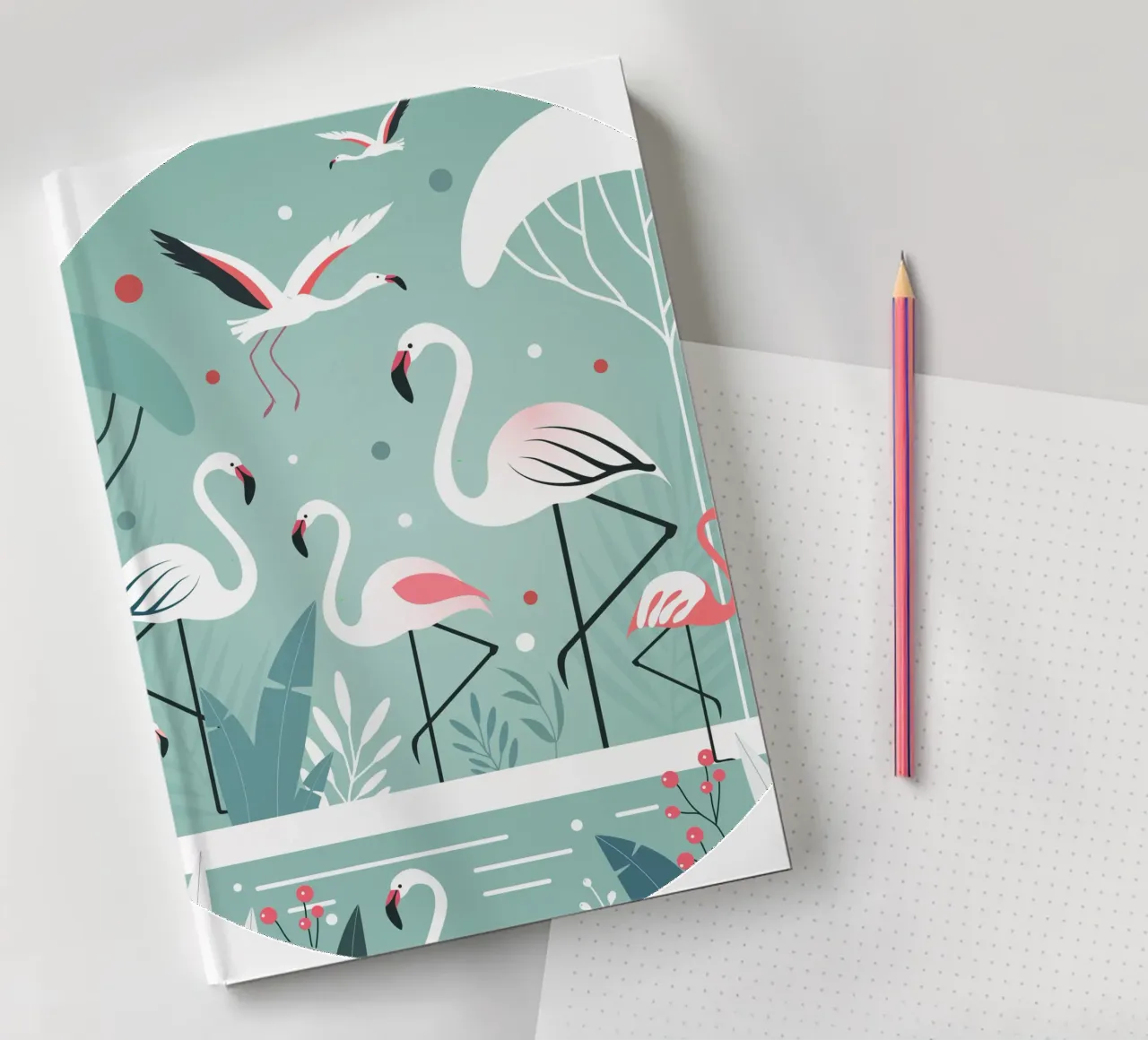 Minimalist flamingo illustration in a tropical setting notebook by namosh
