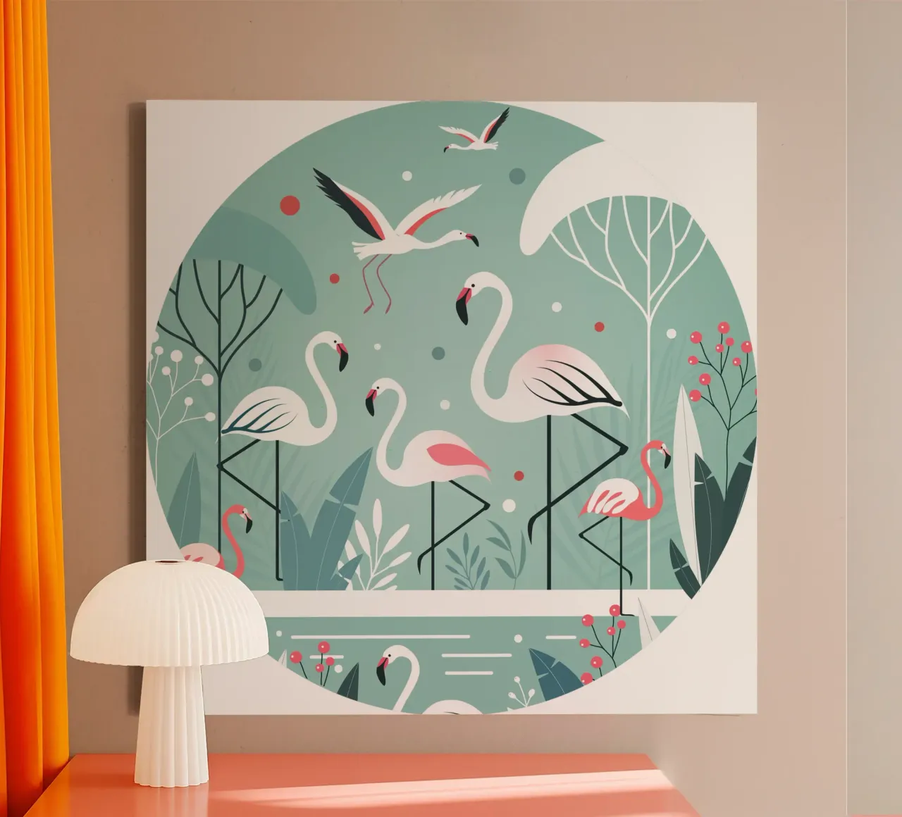 Minimalist flamingo illustration in a tropical setting canvas by namosh