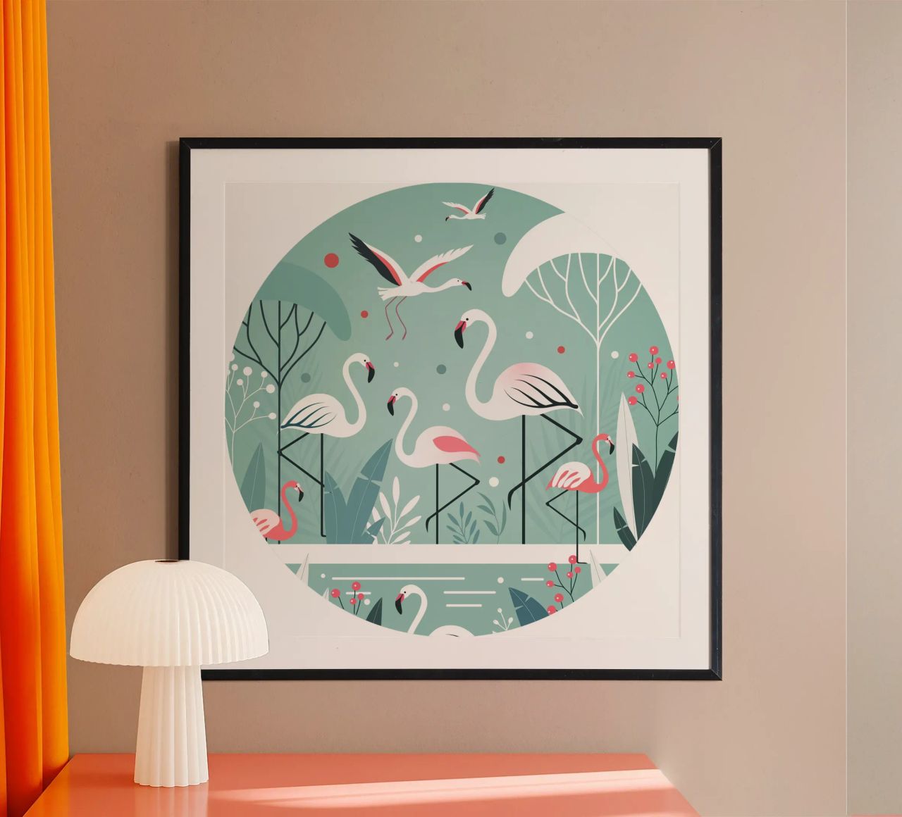 Illustration minimaliste de flamant rose dans un environnement tropical poster de namosh