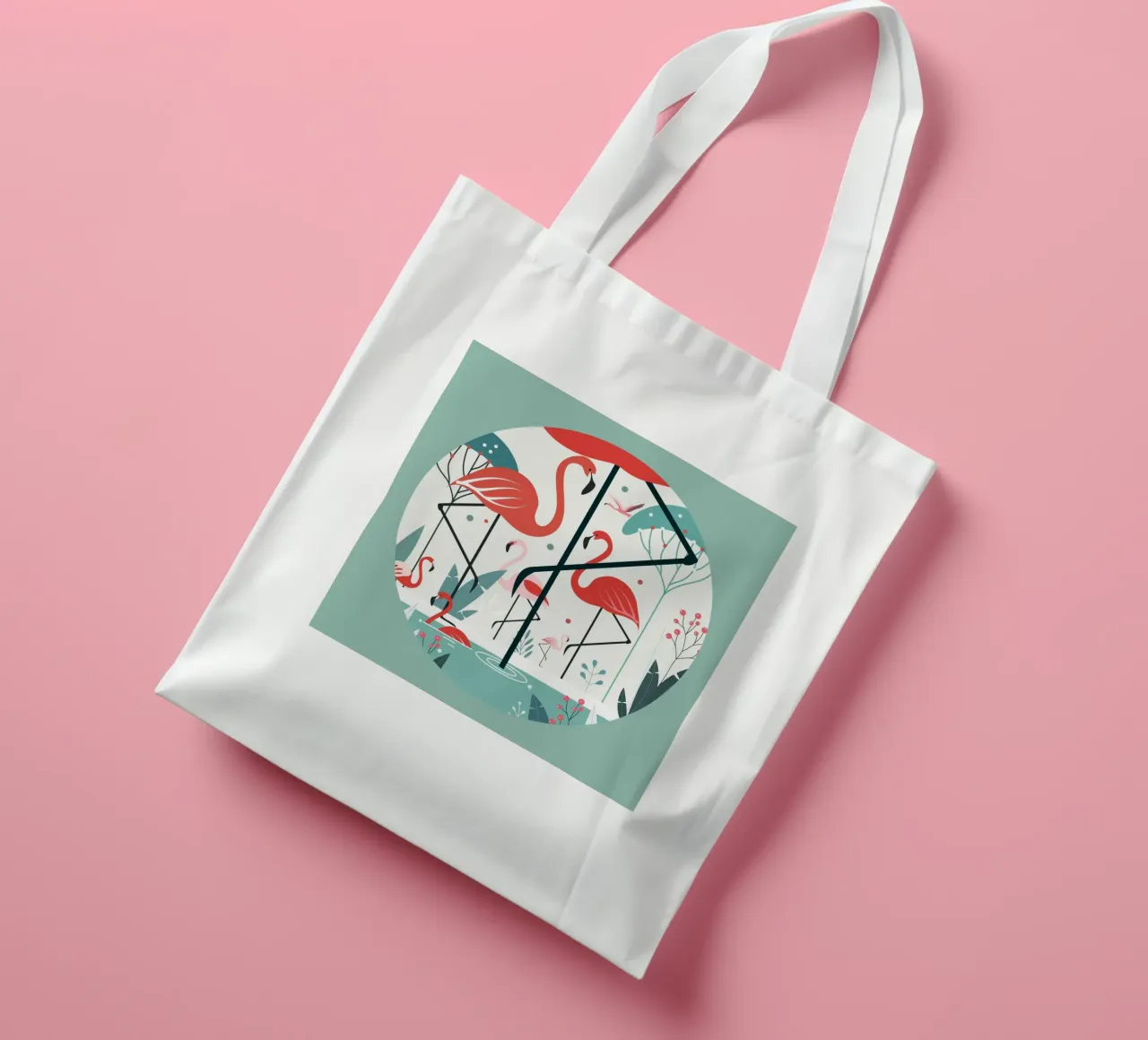 Illustrazione minimalista di un fenicottero in un ambiente tropicale borsa in juta da namosh