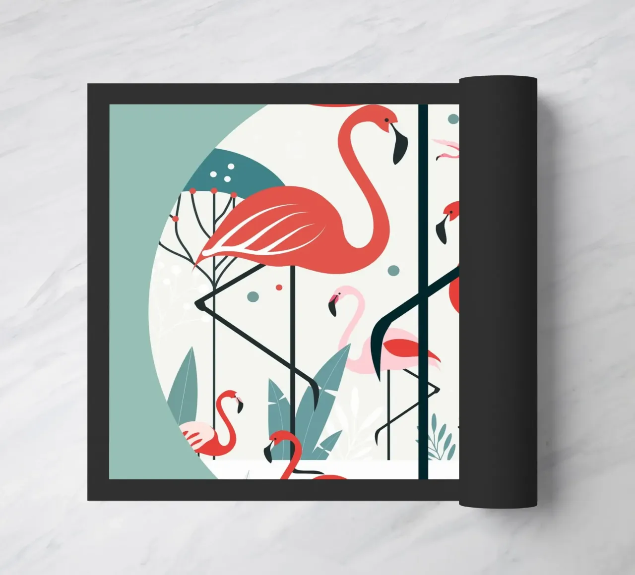 Illustrazione minimalista di un fenicottero in un ambiente tropicale zerbino da namosh