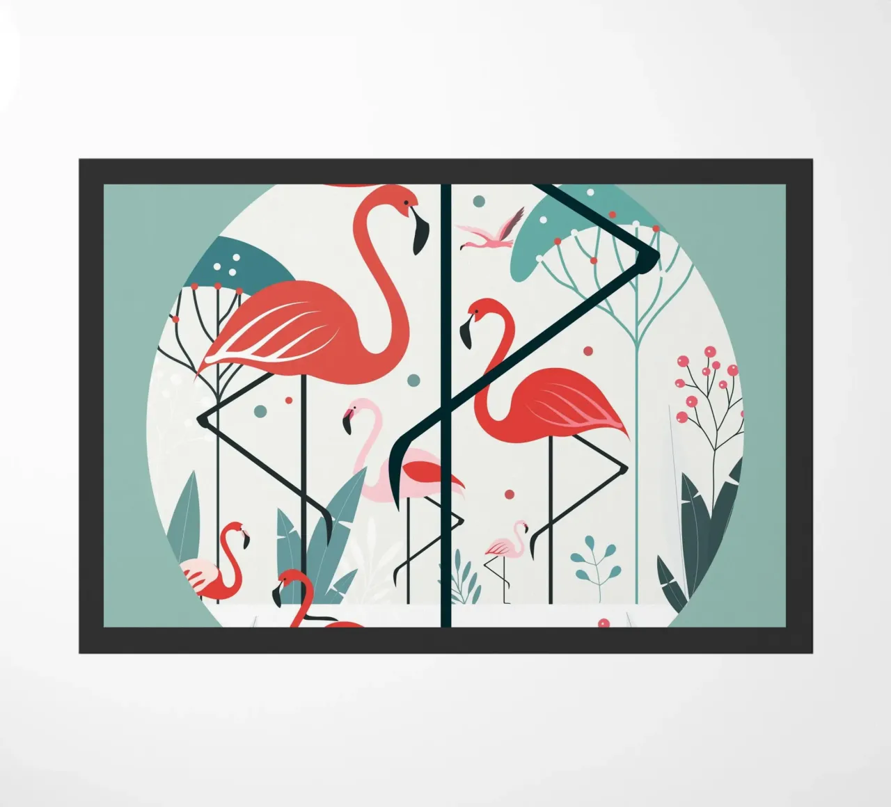 Illustrazione minimalista di un fenicottero in un ambiente tropicale zerbino da namosh