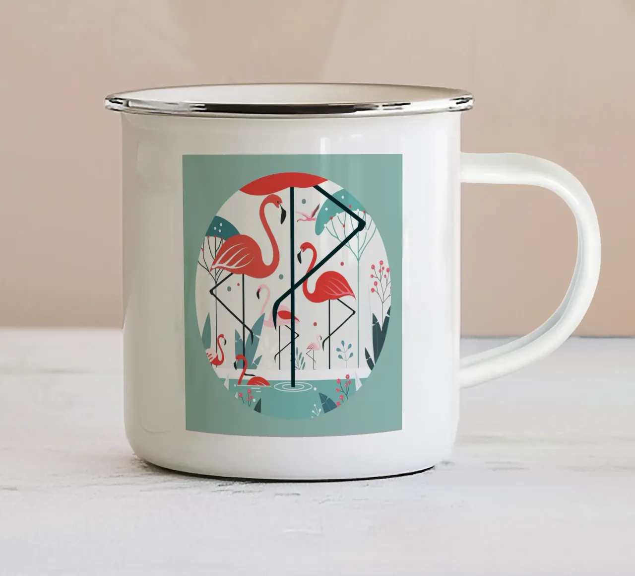 Illustrazione minimalista di un fenicottero in un ambiente tropicale tazza in smalto da namosh
