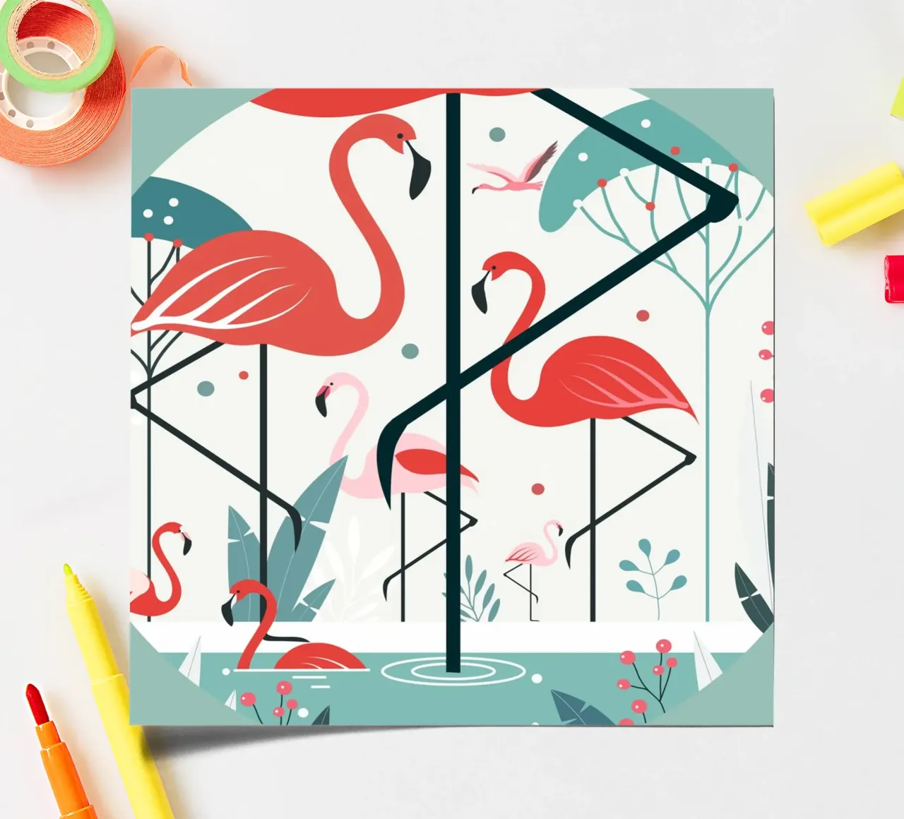 Illustrazione minimalista di un fenicottero in un ambiente tropicale foglio adesivo da namosh