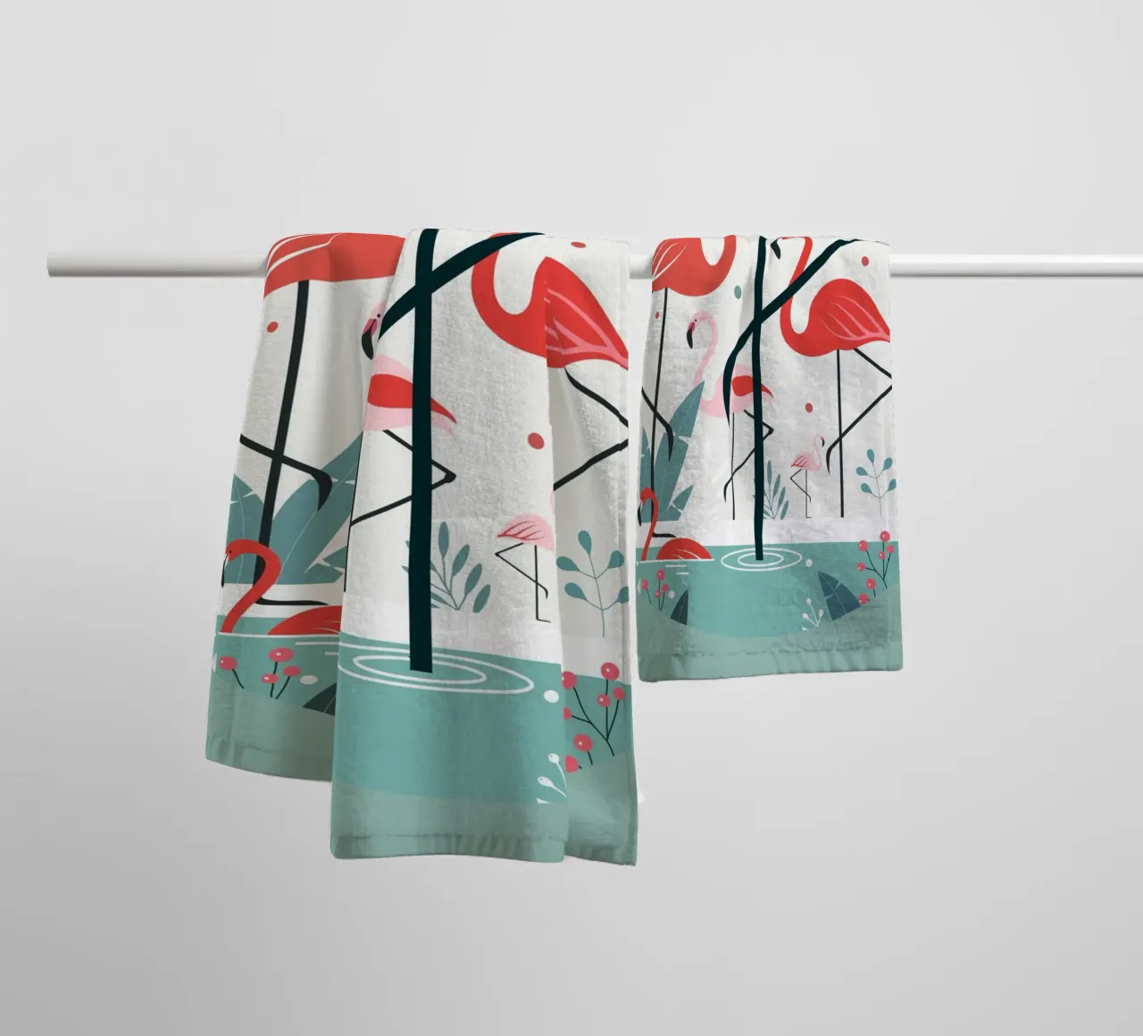 Illustrazione minimalista di un fenicottero in un ambiente tropicale asciugamano da bagno da namosh