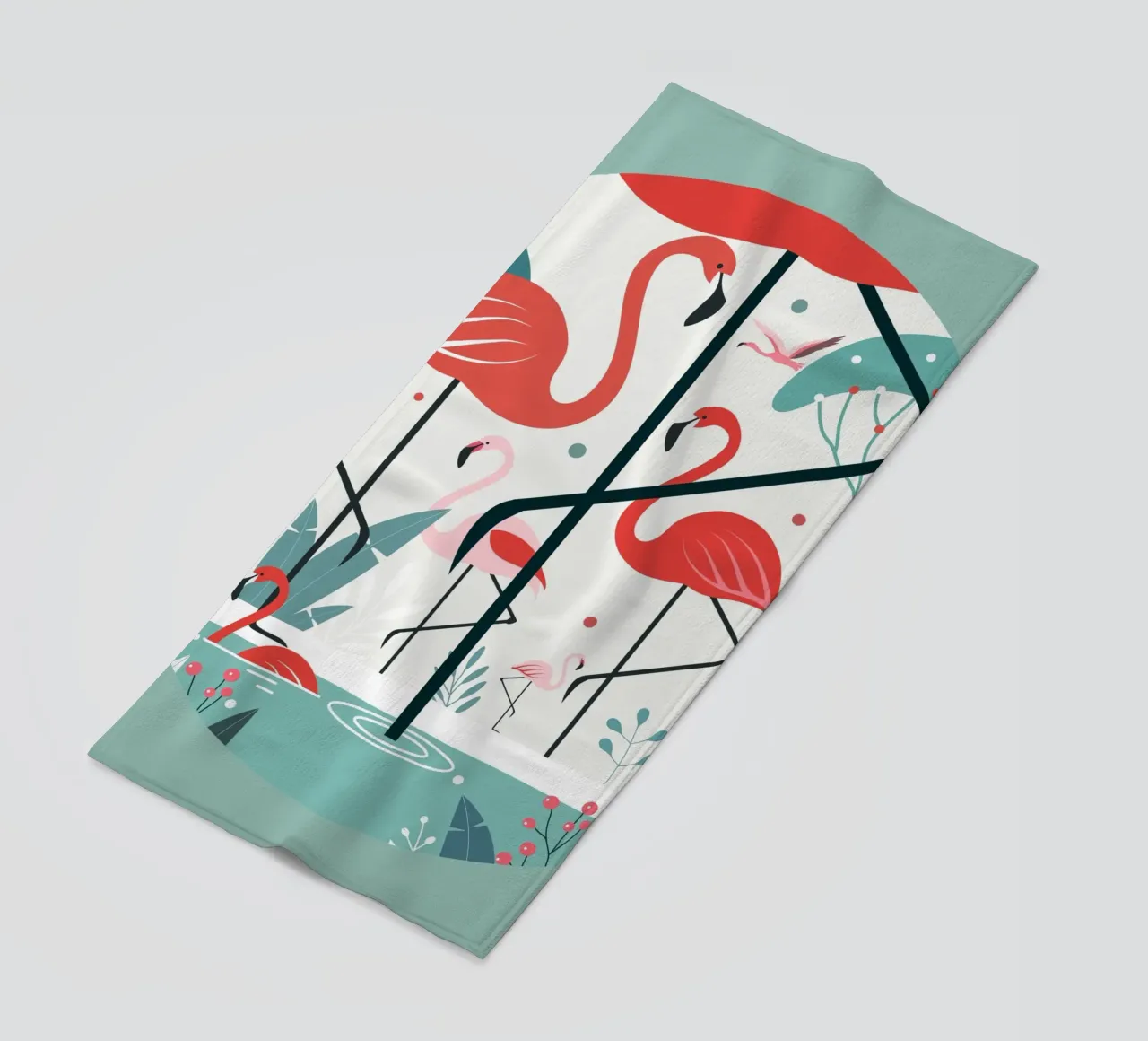 Illustrazione minimalista di un fenicottero in un ambiente tropicale telo mare da namosh