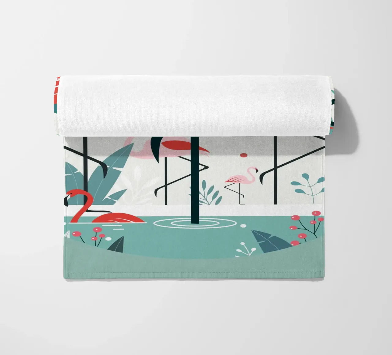 Illustrazione minimalista di un fenicottero in un ambiente tropicale telo mare da namosh