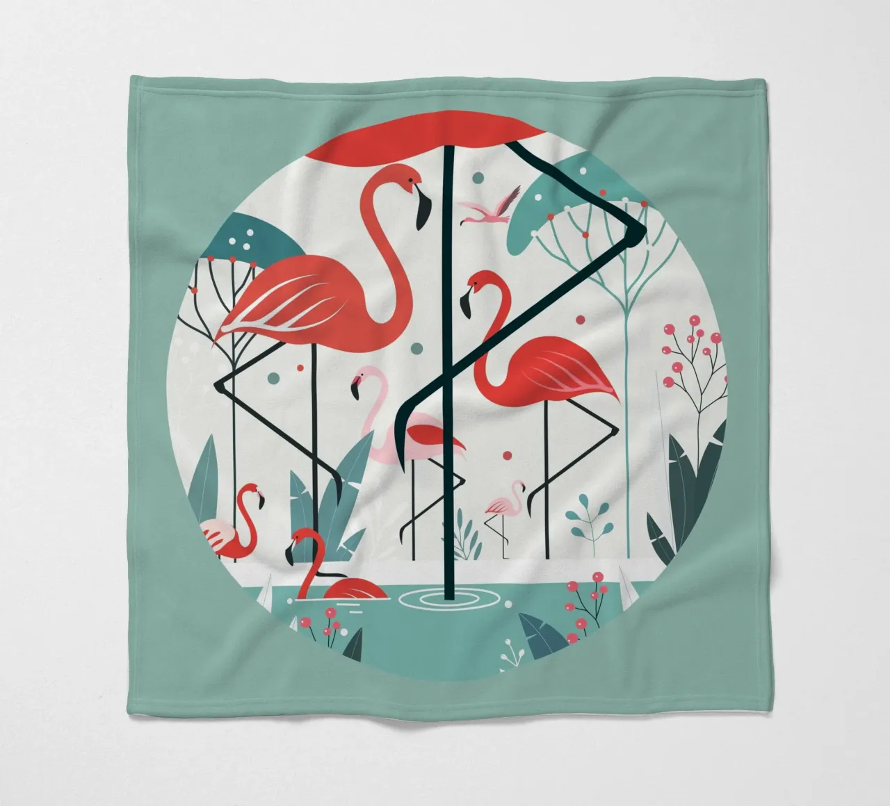 Illustrazione minimalista di un fenicottero in un ambiente tropicale coperta in pile da namosh