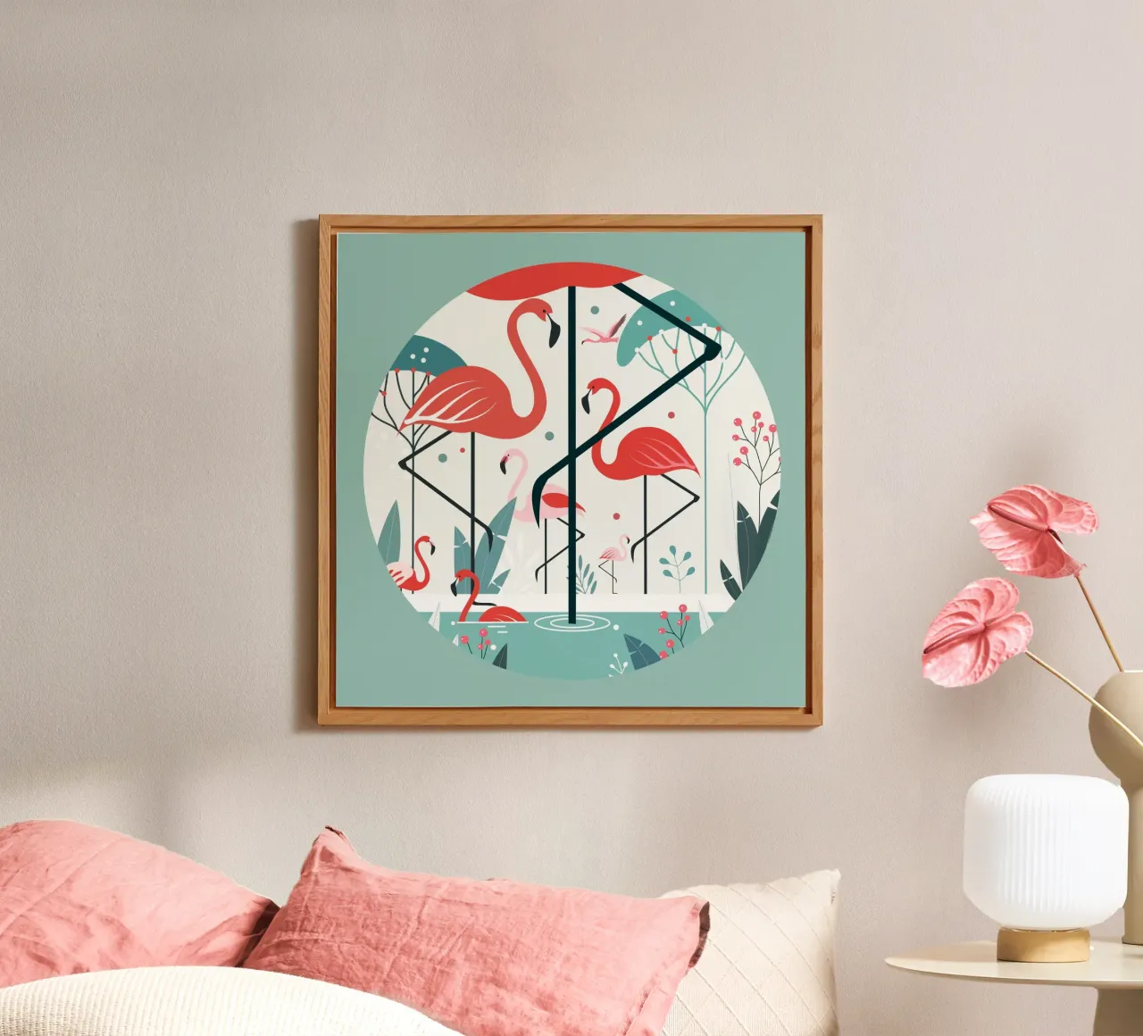 Illustrazione minimalista di un fenicottero in un ambiente tropicale alluminio dibond da namosh