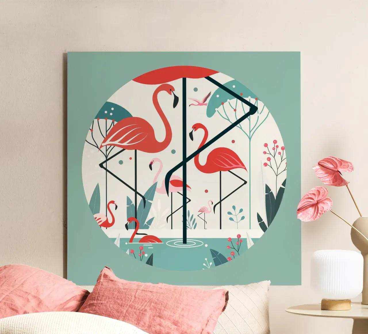 Illustrazione minimalista di un fenicottero in un ambiente tropicale alluminio dibond da namosh