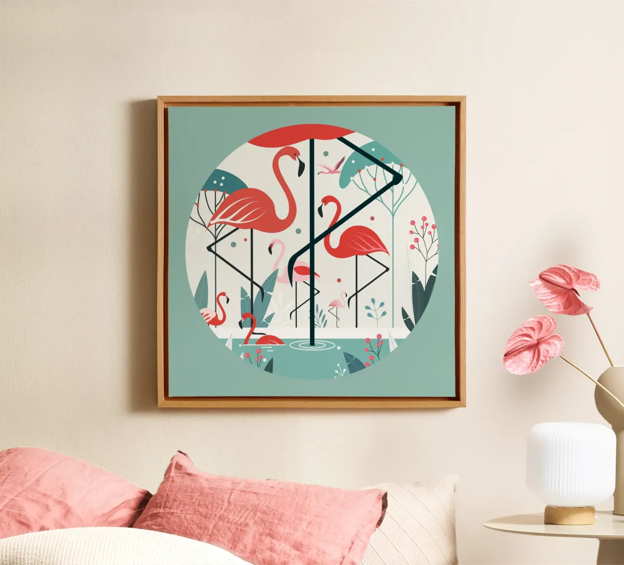 Illustrazione minimalista di un fenicottero in un ambiente tropicale tela da namosh