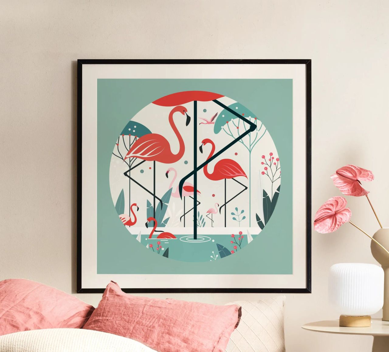 Minimalistische Flamingo-Illustration in tropischer Umgebung Poster von namosh