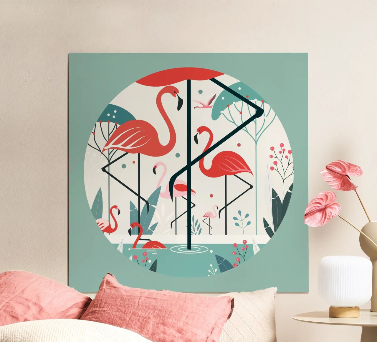 Minimalistische Flamingo-Illustration in tropischer Umgebung Poster von namosh