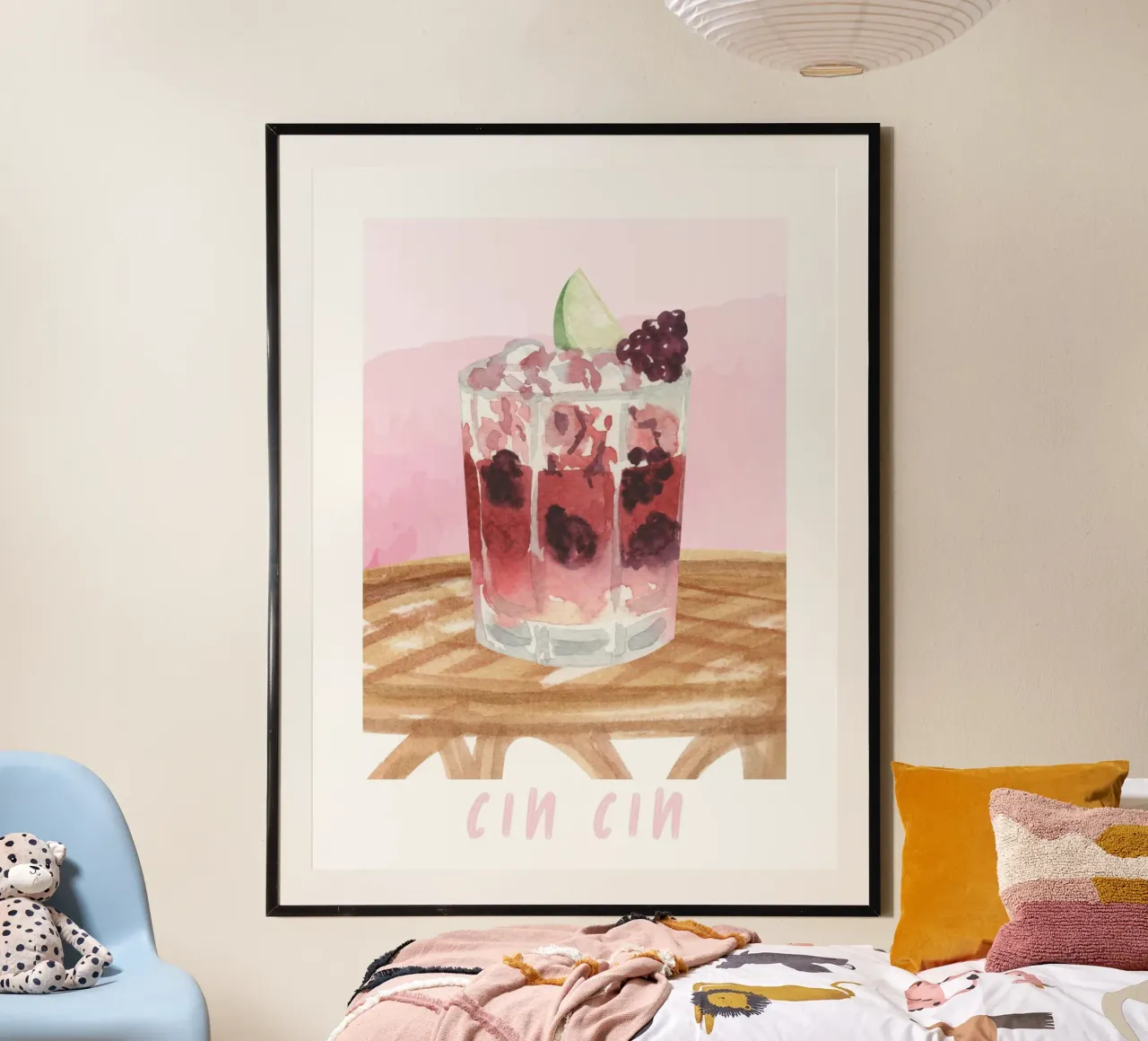 Cocktail Print, Cin Cin, Cheers Print, Watercolor Poster poster with plastic frame by Bella Studio