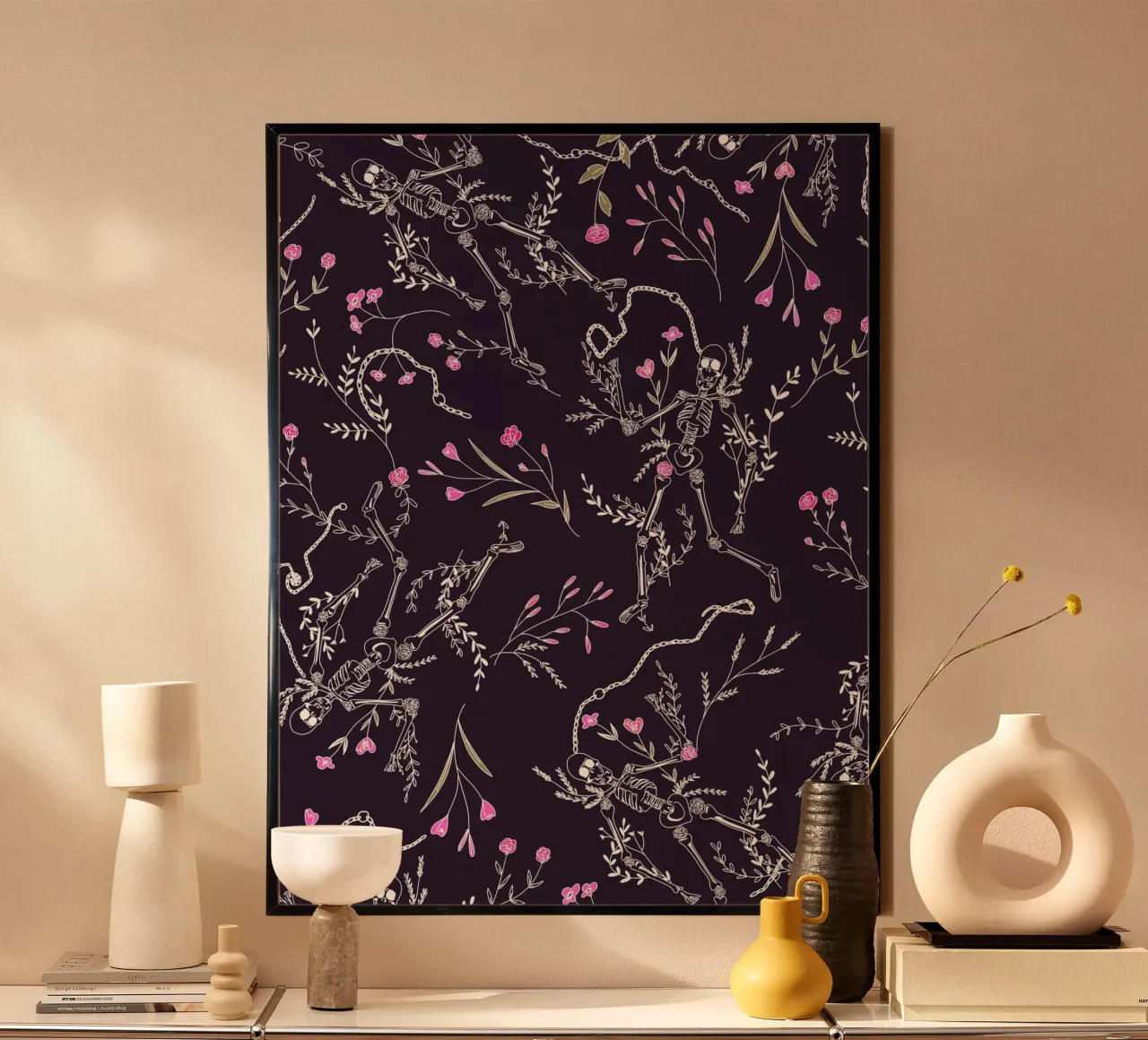 Skulls and Flowers Dark Pattern carta hahnemühle da anisillustration