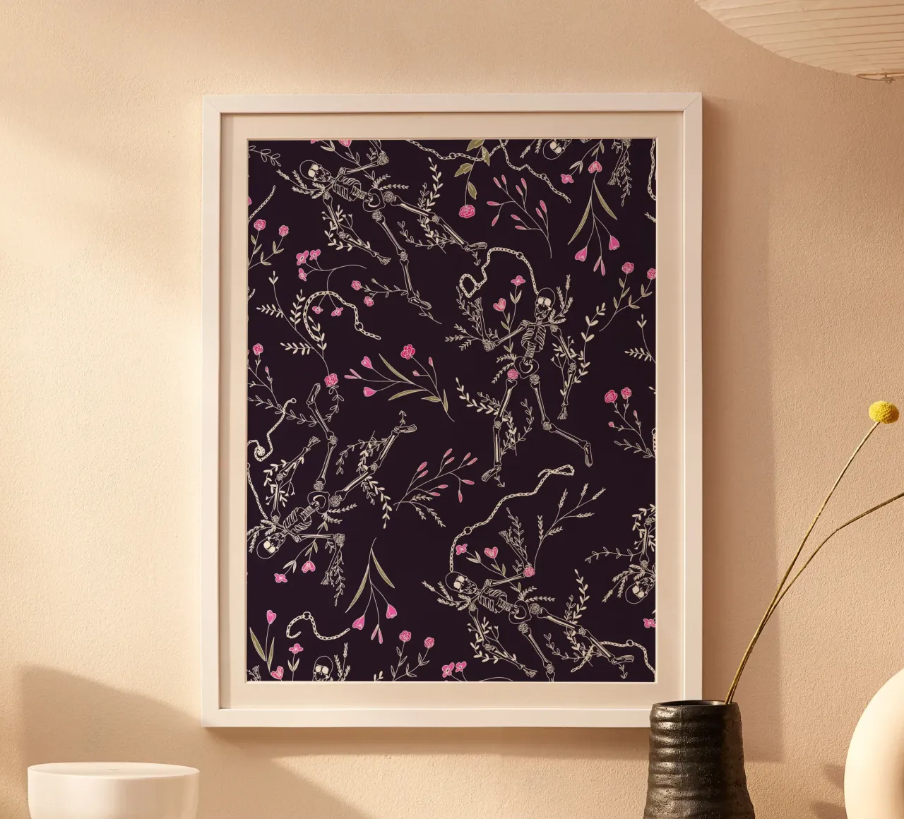 Skulls and Flowers Dark Pattern carta hahnemühle da anisillustration