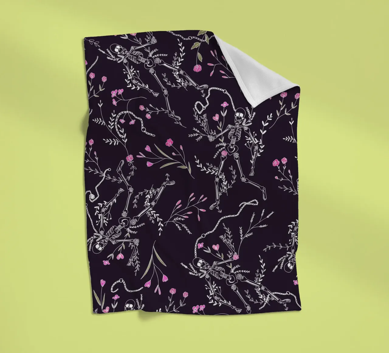 Skulls and Flowers Dark Pattern fleece blanket by anisillustration