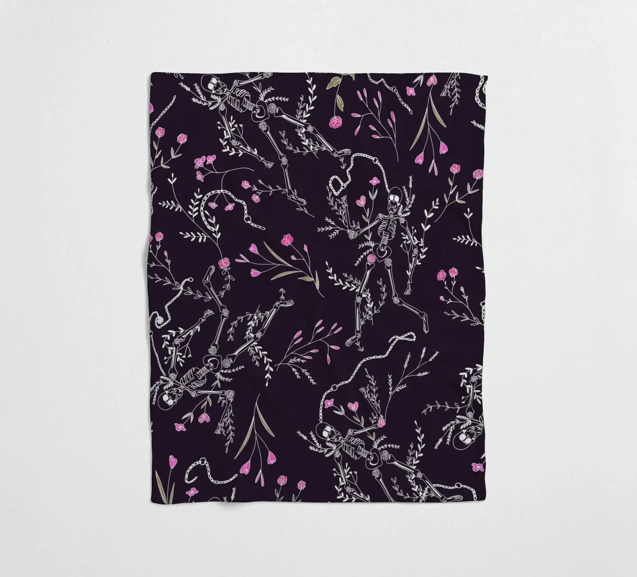 Skulls and Flowers Dark Pattern fleece blanket by anisillustration